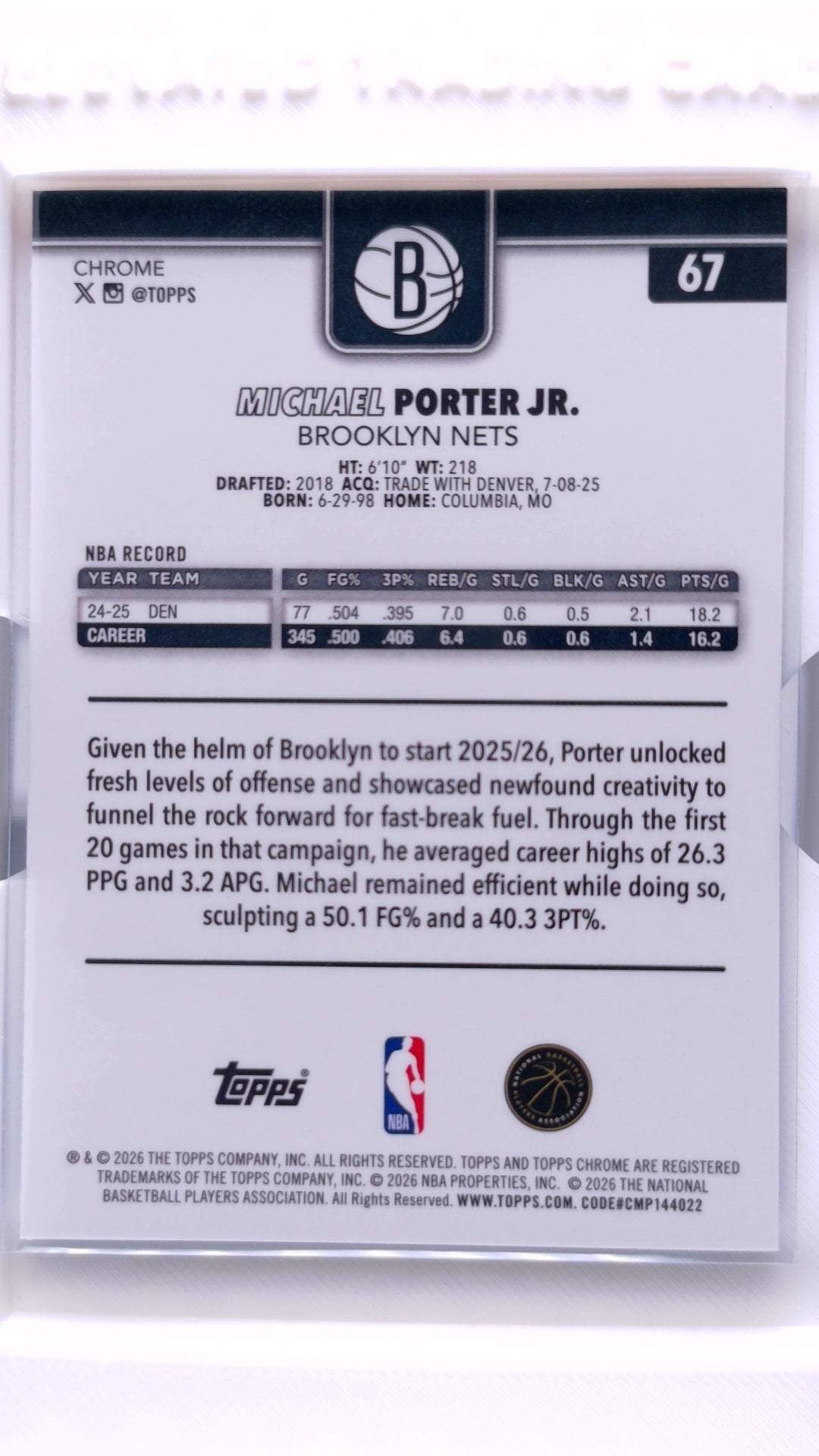 #67 Michael Porter Jr. Red, White & Blue Refractor - back