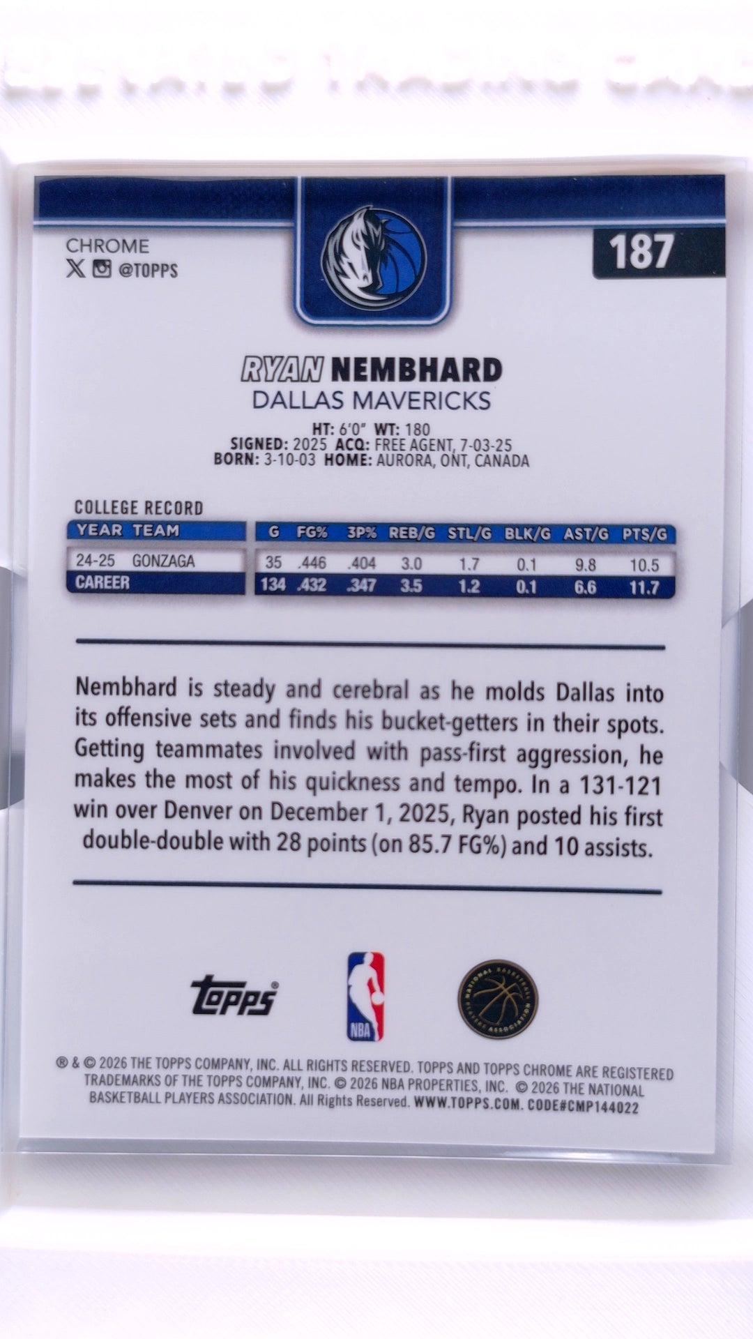 #187 Ryan Nembhard Rookie Red, White & Blue Refractor - back