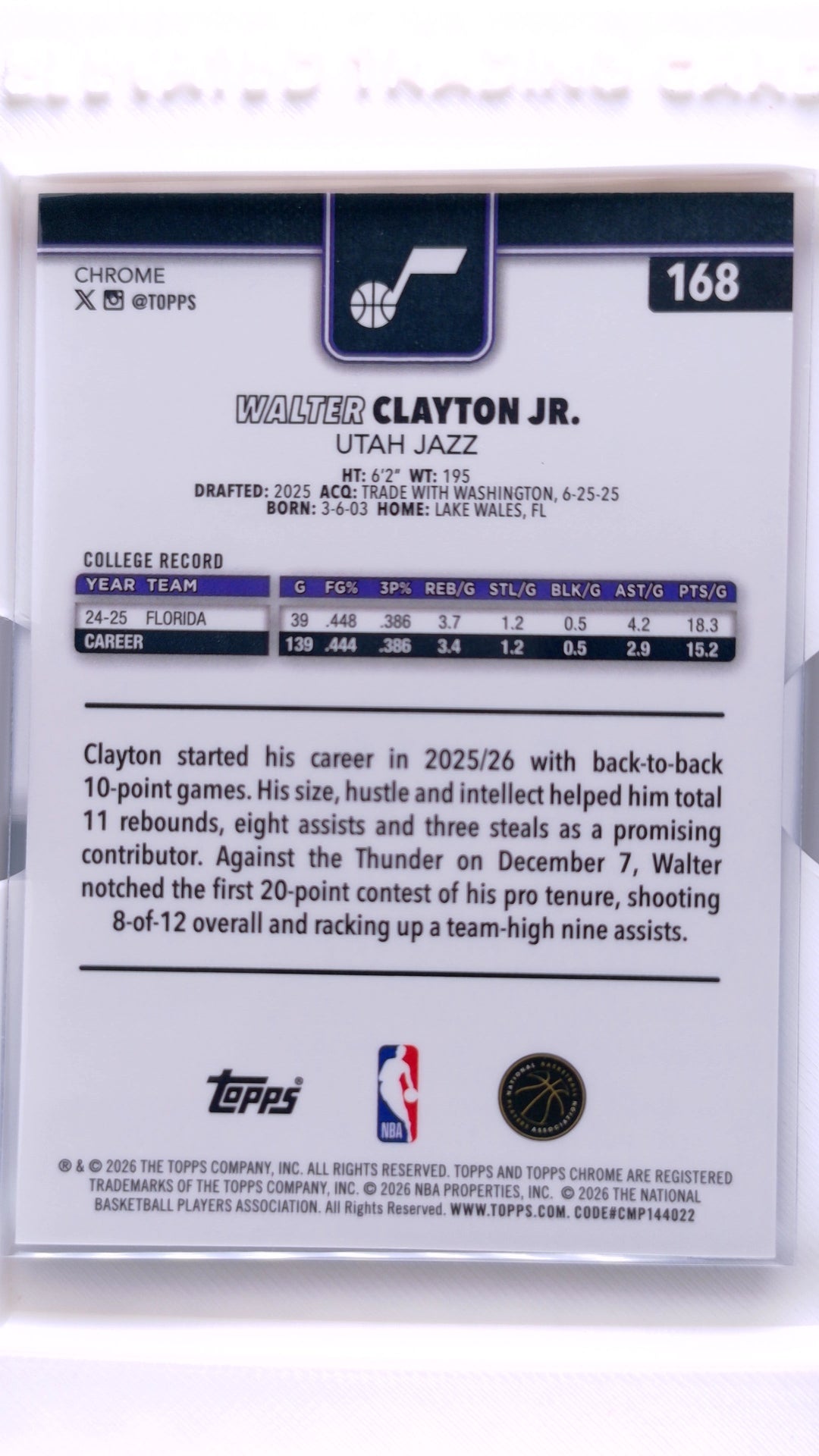 #168 Walter Clayton Jr. Rookie Red, White & Blue Refractor - back