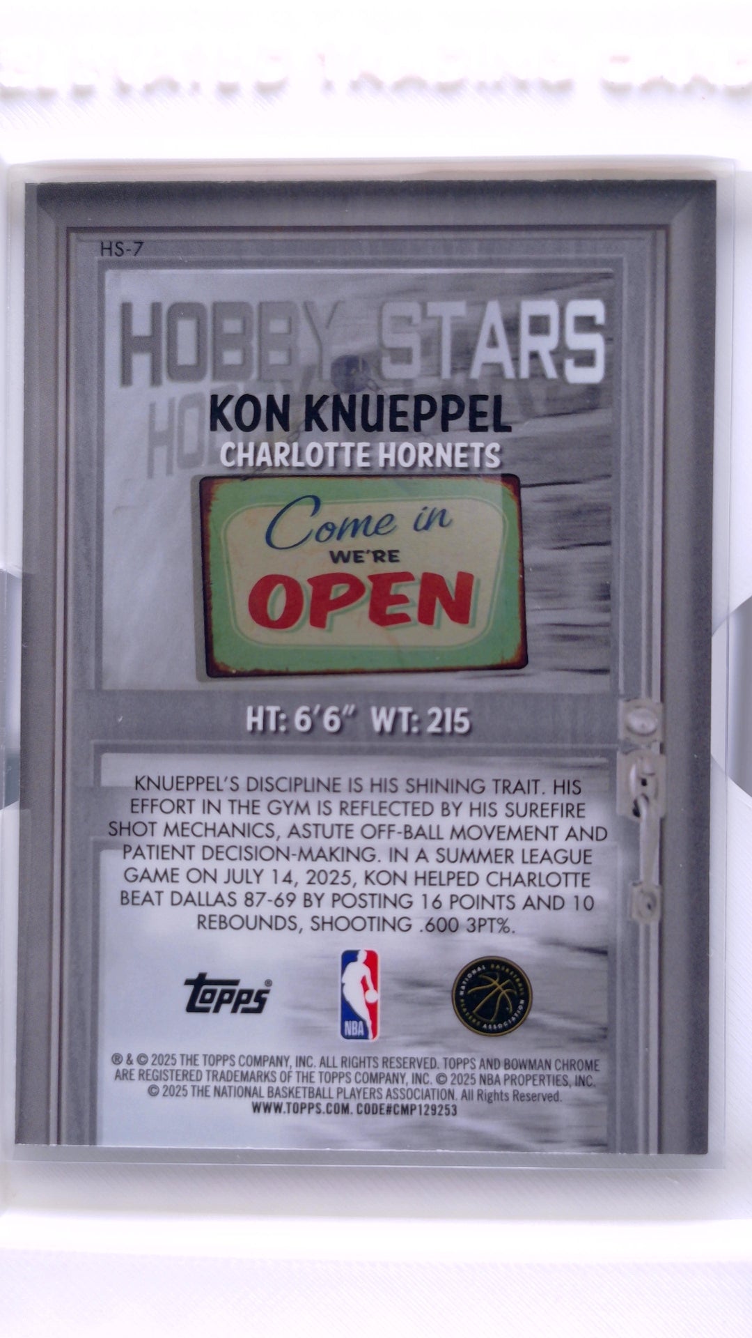 #HS-7 Kon Knueppel Rookie Hobby Stars - back