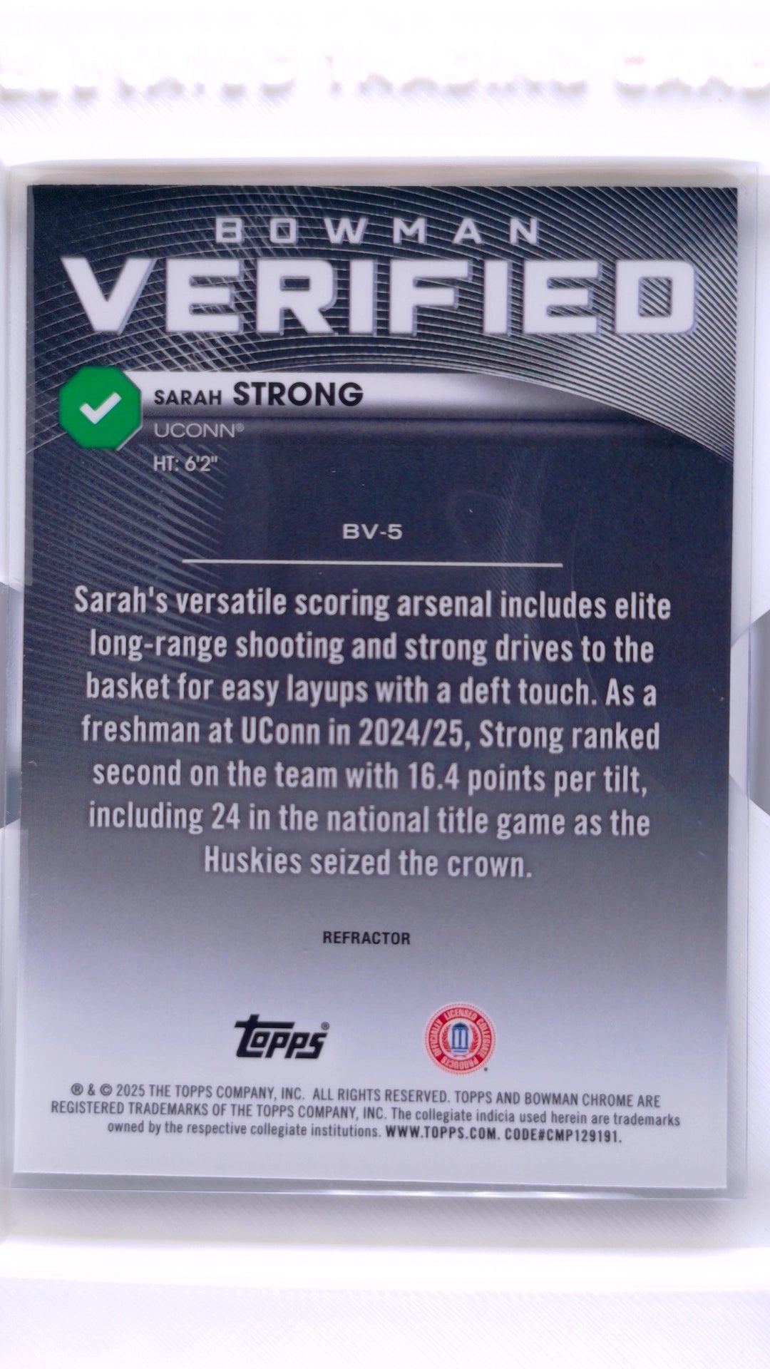 #BV-5 Sarah Strong Bowman Verified Refractor - back