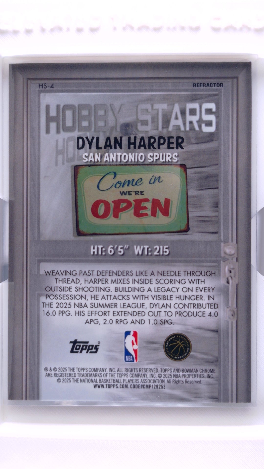 #HS-4 Dylan Harper Rookie Hobby Stars Refractor - back
