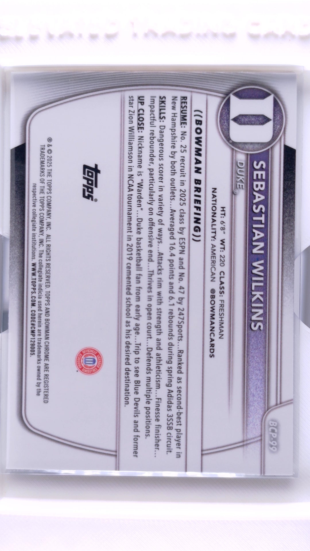#BCP-99 Sebastian Wilkins Chrome Prospects - back