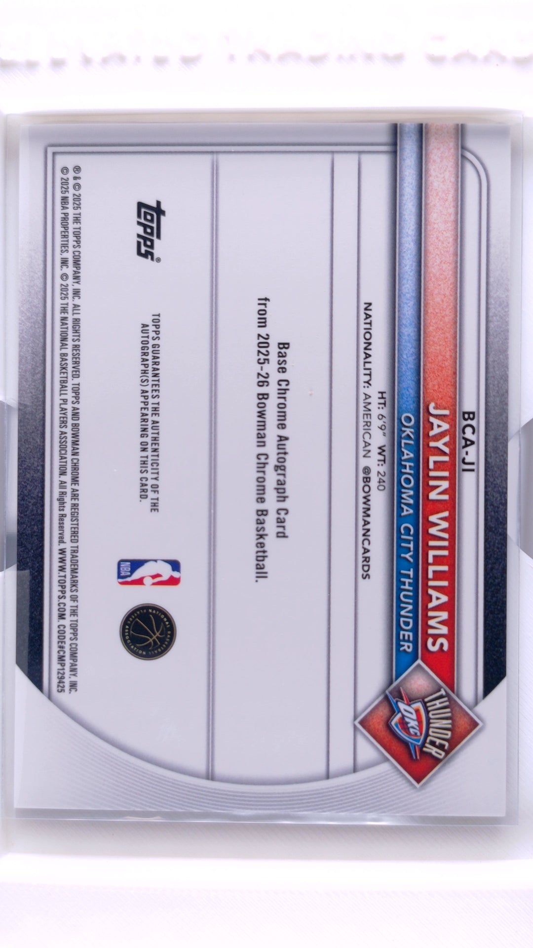 #BCA-JI Jaylin Williams Chrome Autographs Gold Shimmer Refractor #4/50 - back