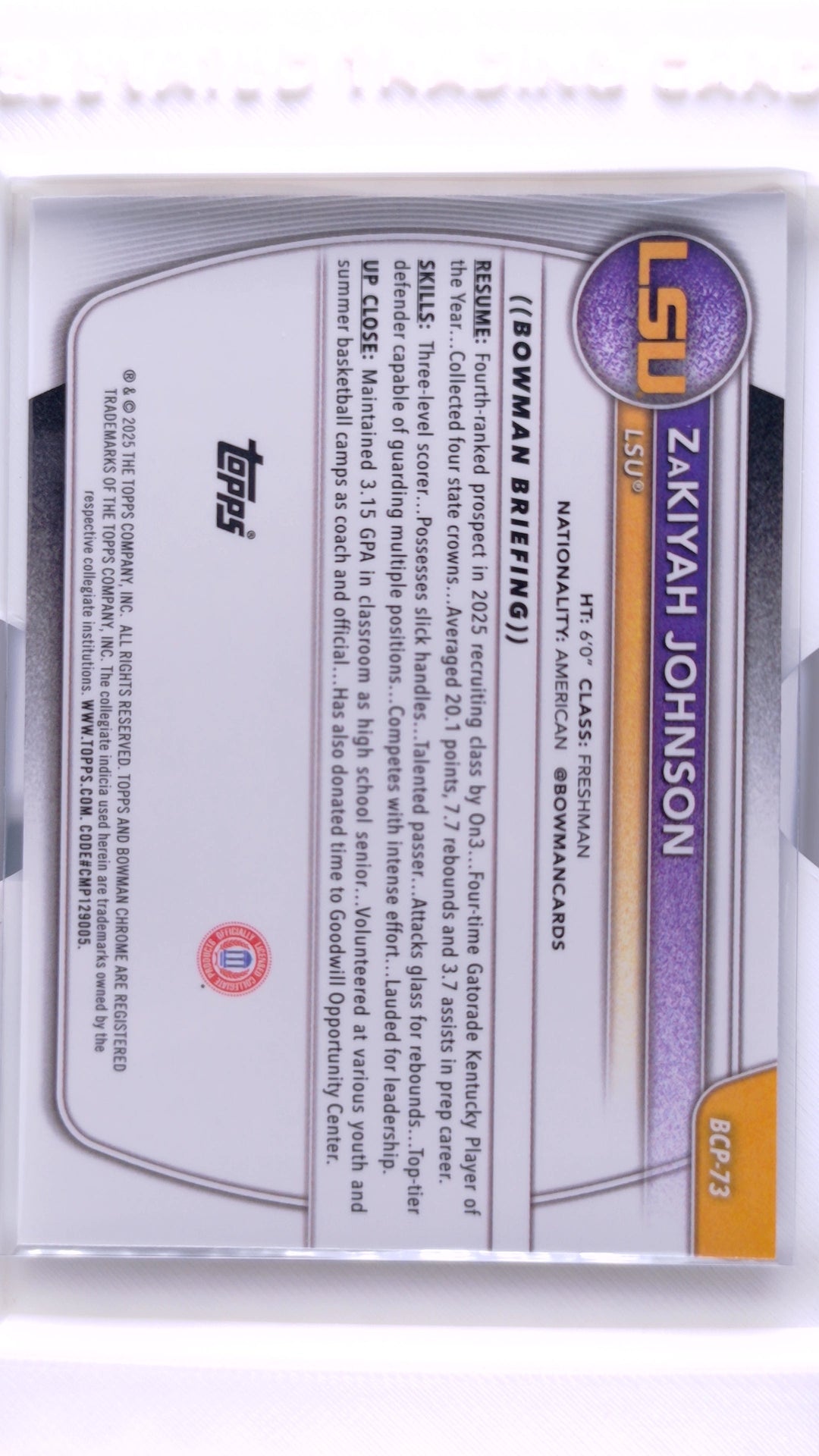 #BCP-73 ZaKiyah Johnson Chrome Prospects - back