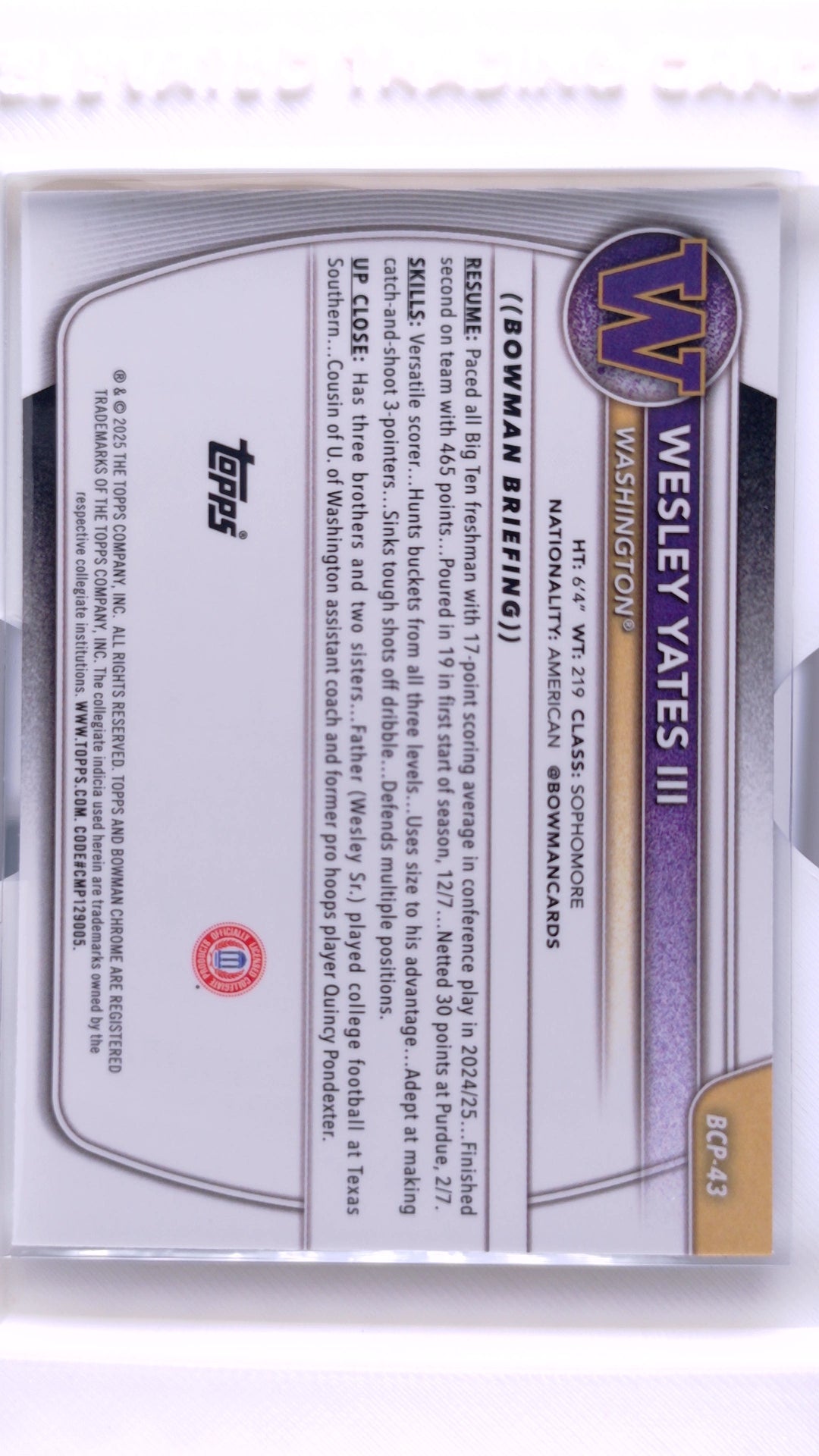 #BCP-43 Wesley Yates III Chrome Prospects - back