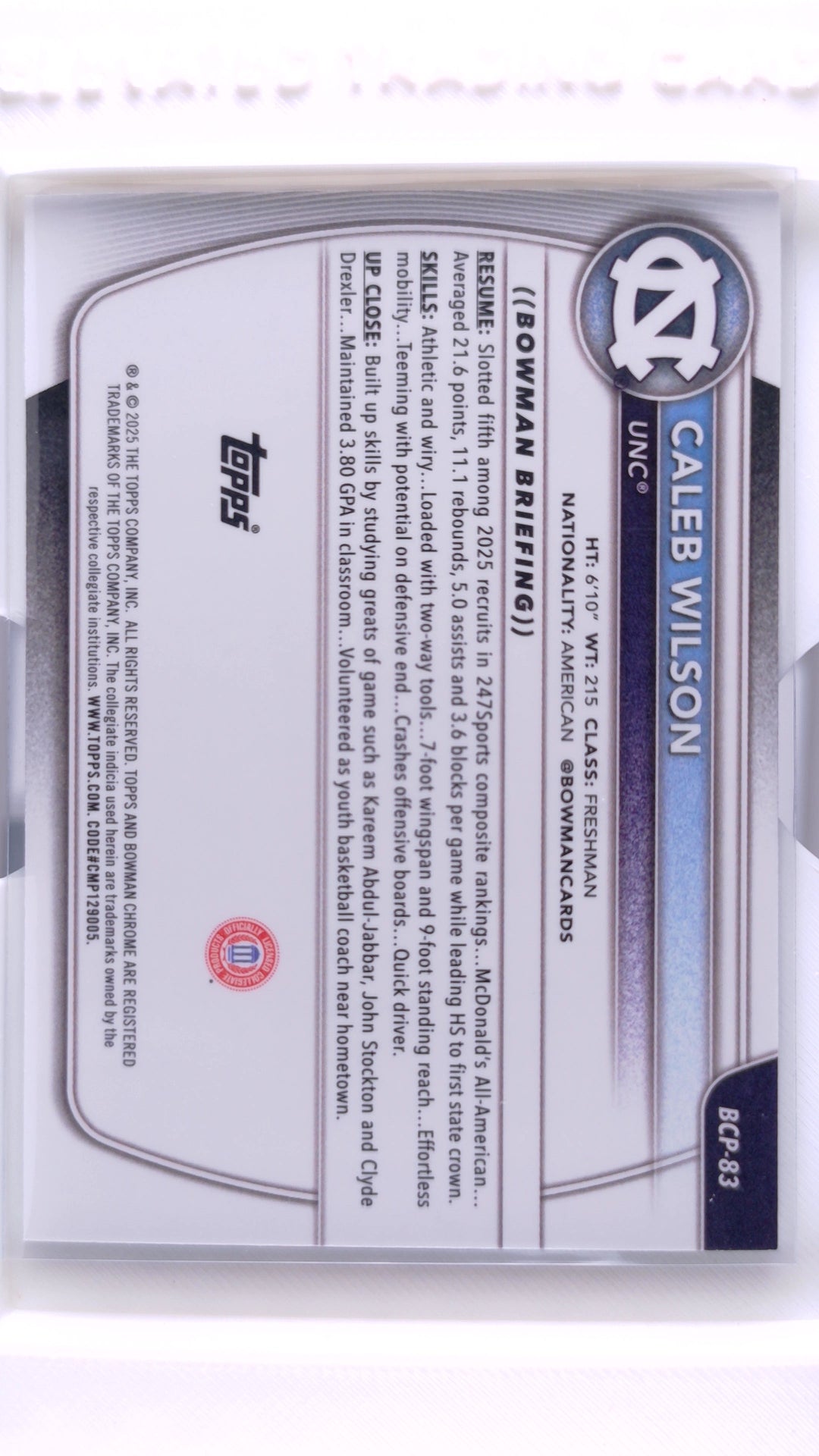 #BCP-83 Caleb Wilson Chrome Prospects - back