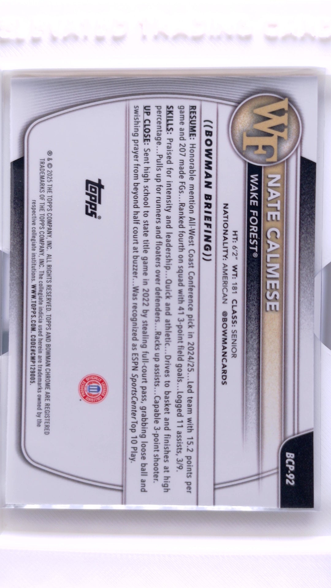 #BCP-92 Nate Calmese Chrome Prospects - back