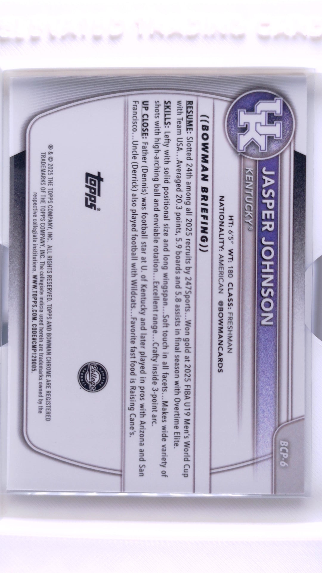 #BCP-6 Jasper Johnson Chrome Prospects - back