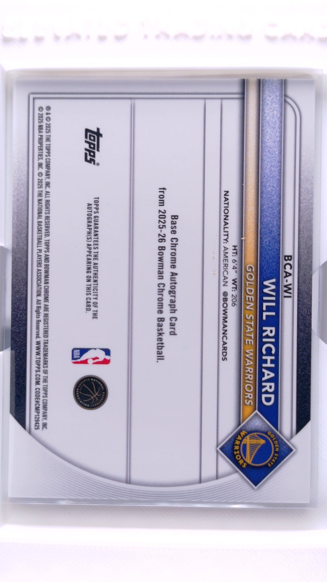#BCA-WI Will Richard Rookie Chrome Autographs - back