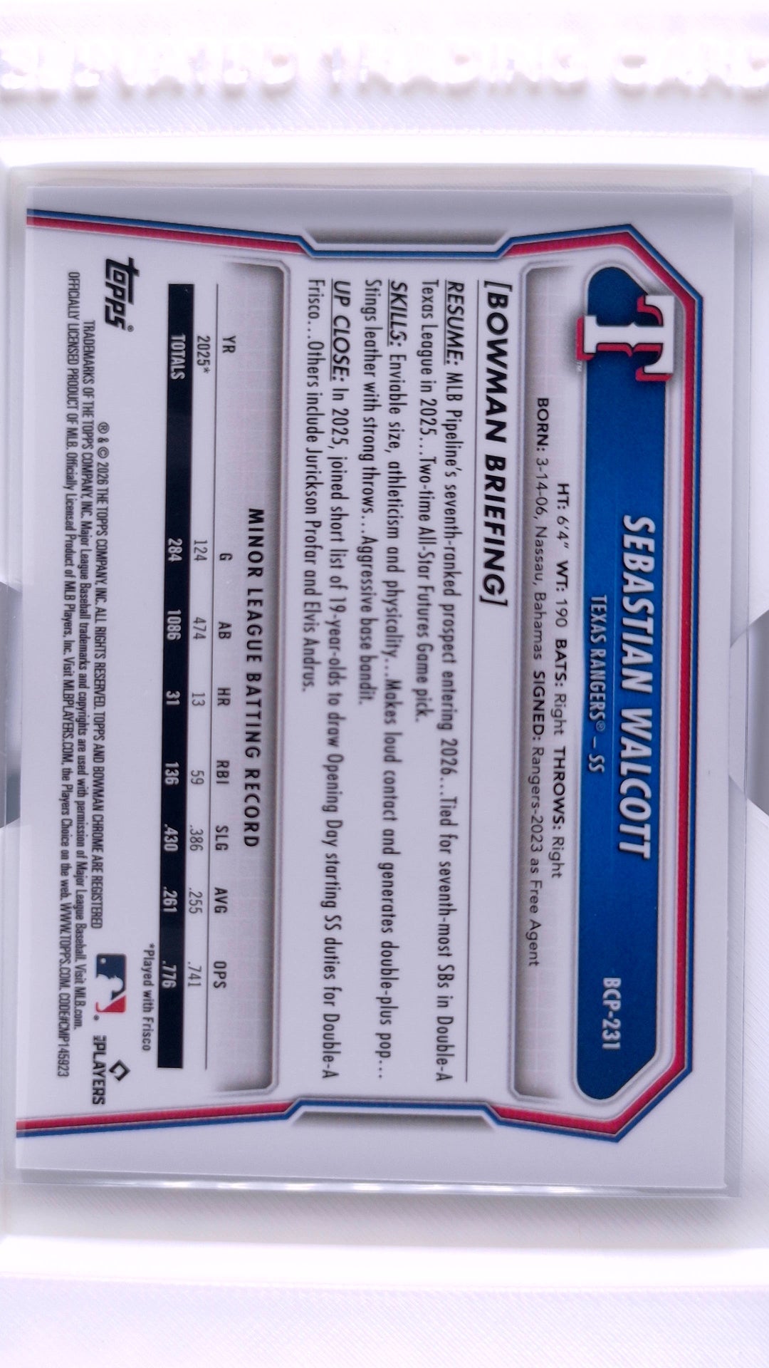 #BCP-231 Sebastian Walcott Bowman Chrome Prospects - back