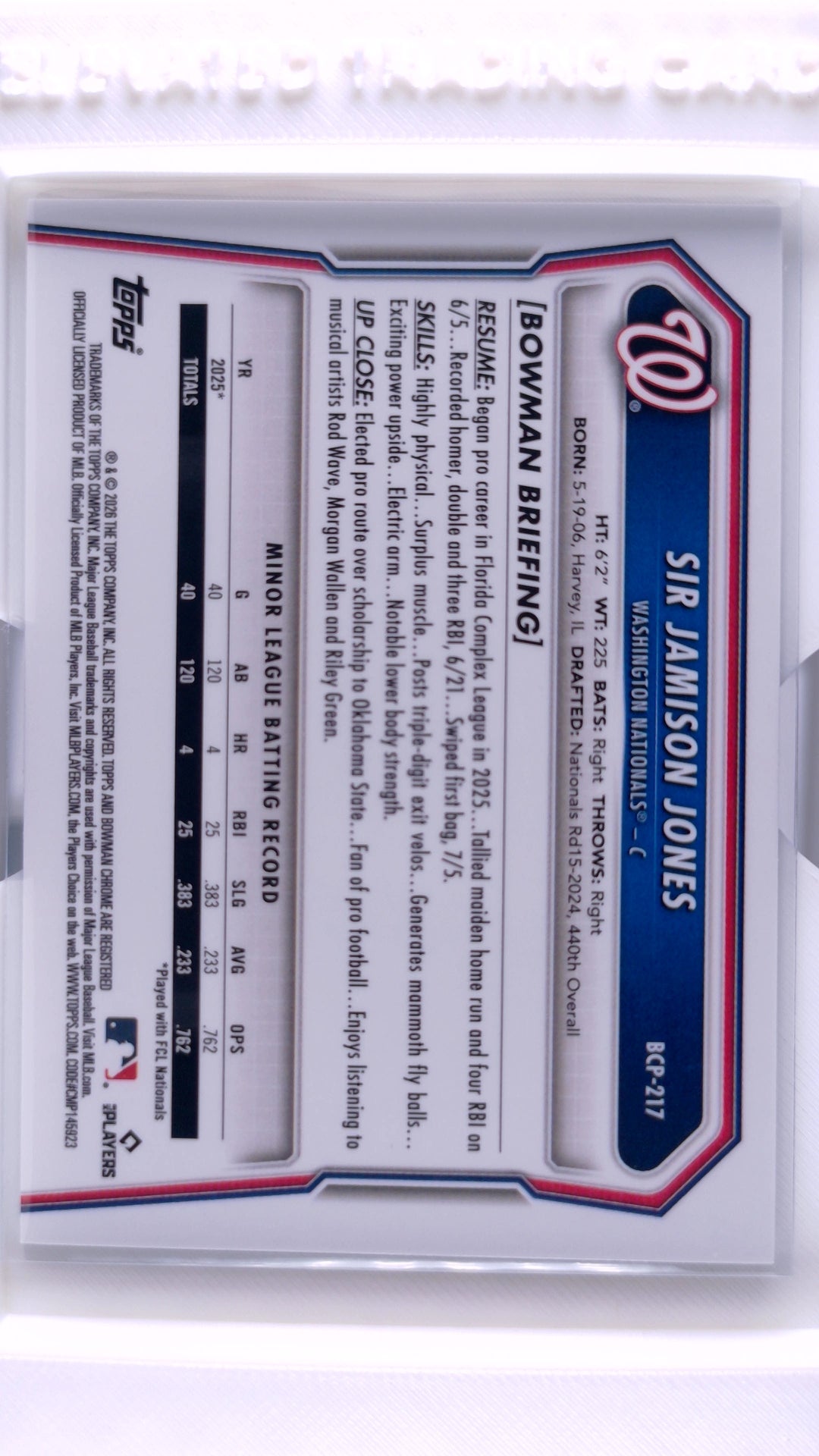 #BCP-217 Sir Jamison Jones Bowman Chrome Prospects - back