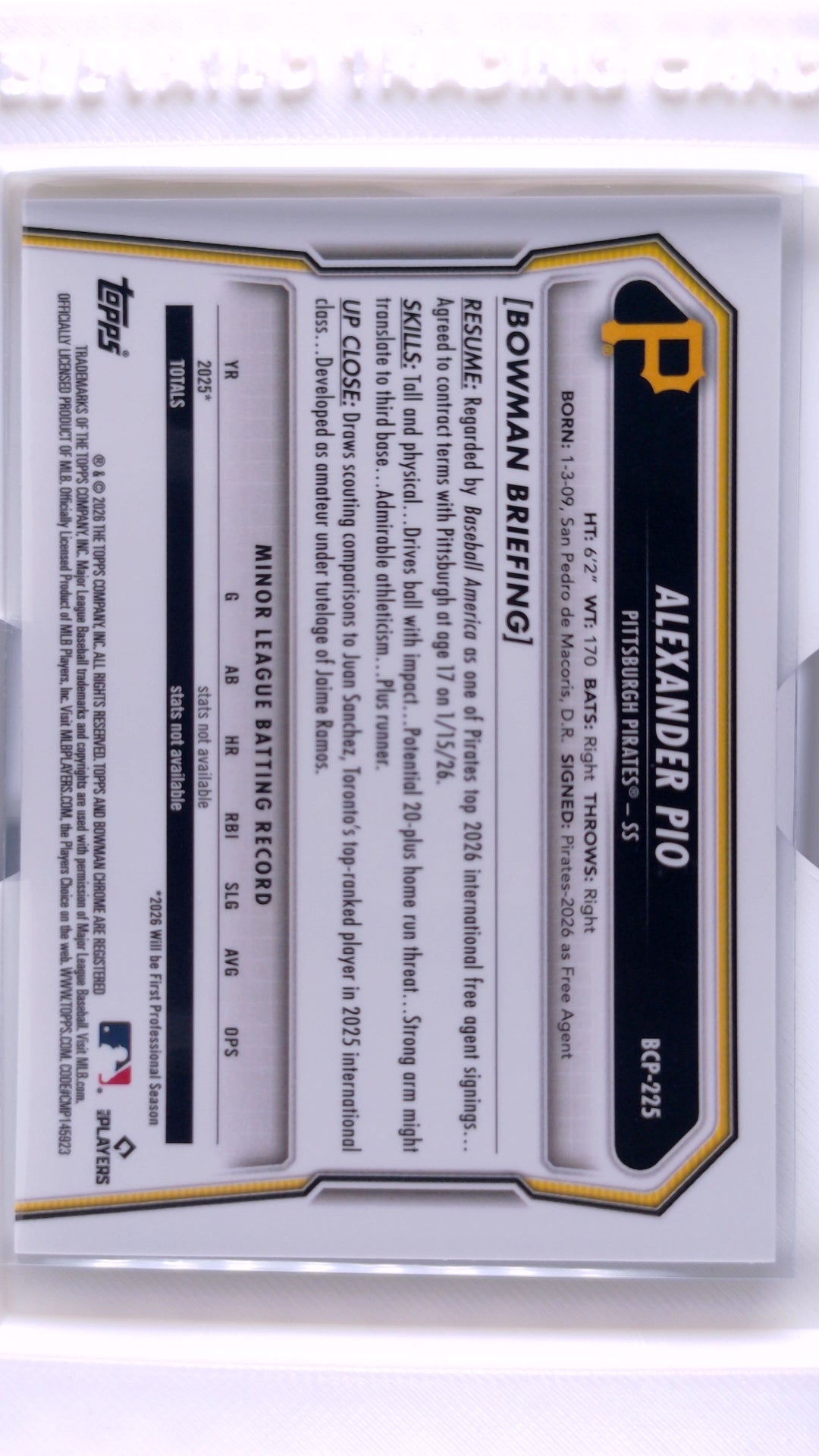 #BCP-225 Alexander Pio Bowman Chrome Prospects - back
