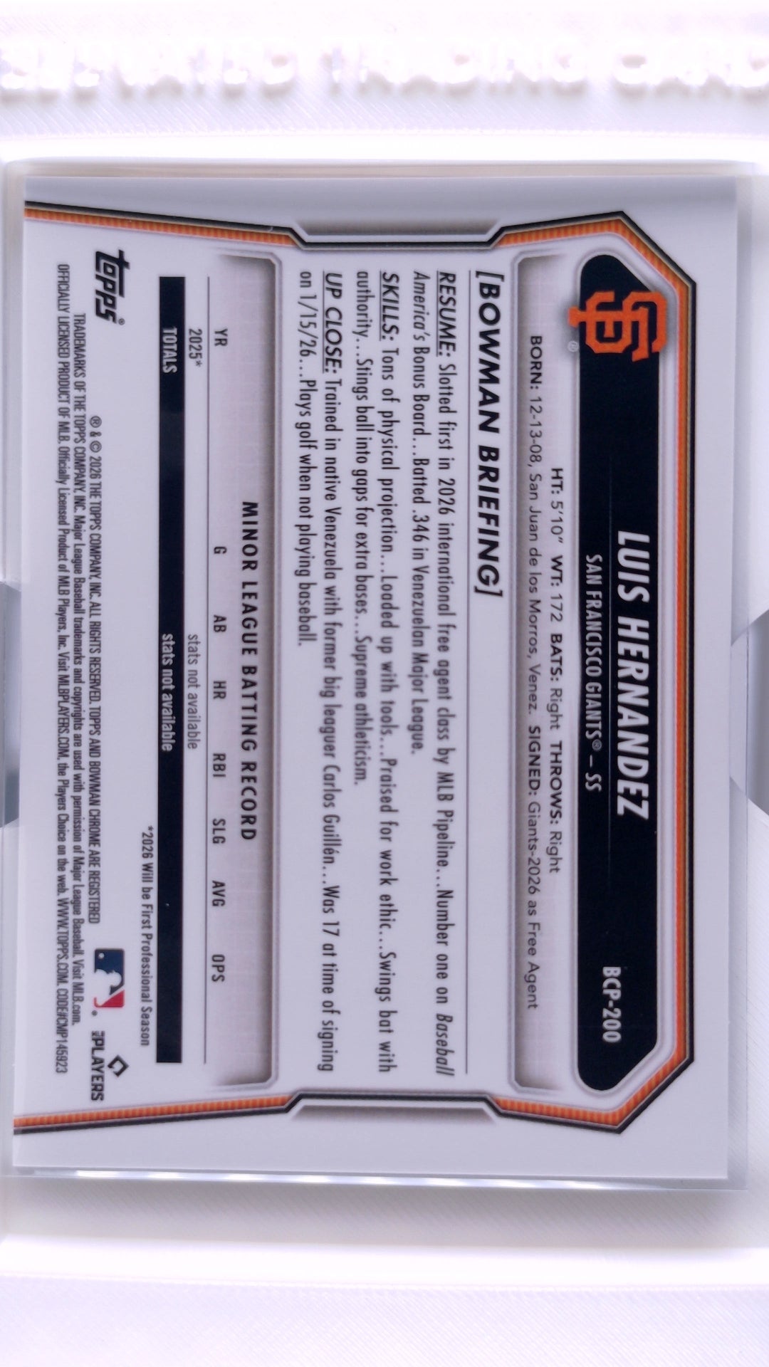 #BCP-200 Luis Hernandez Bowman Chrome Prospects - back