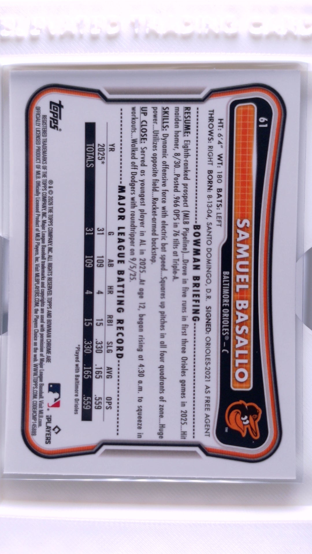 #61 Samuel Basallo Rookie - back