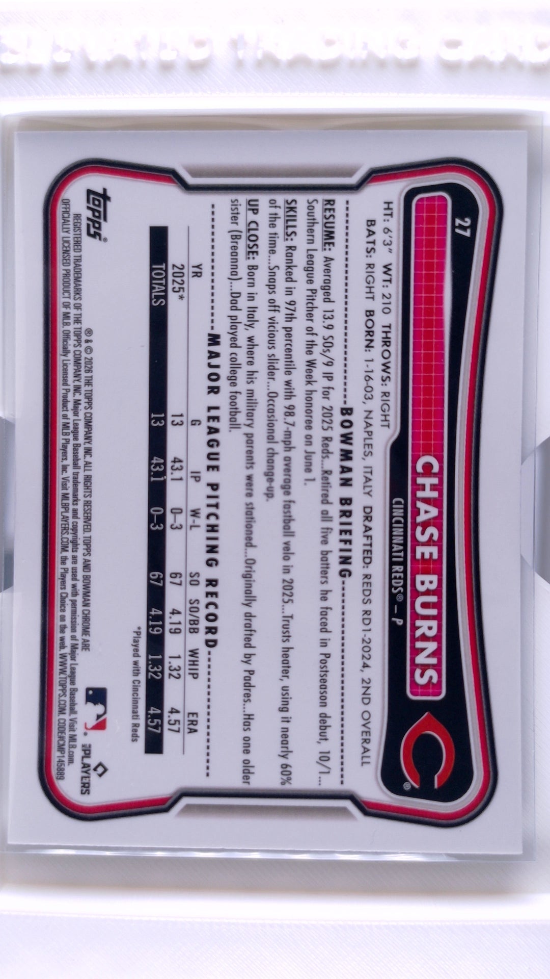 #27 Chase Burns Rookie Chrome Rookie Red RC Variation - back