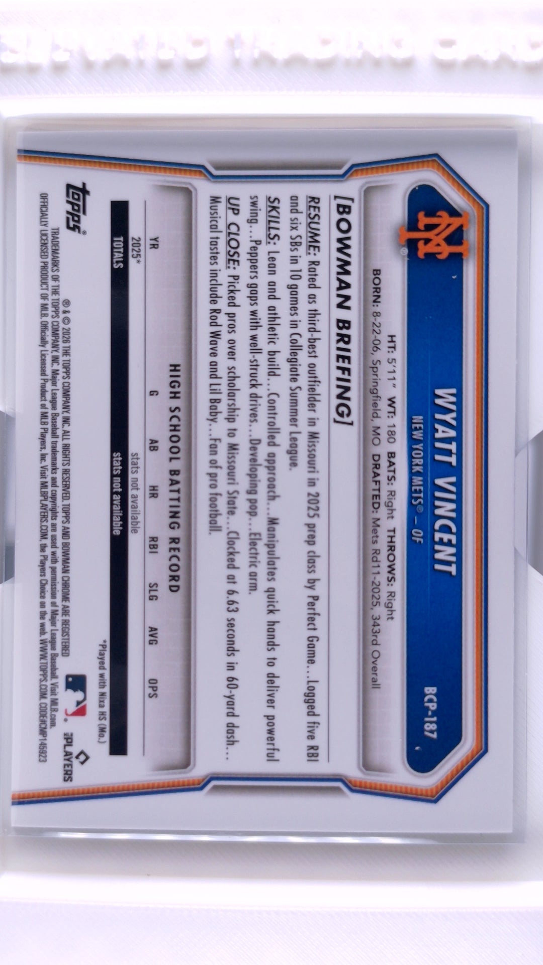 #BCP-187 Wyatt Vincent Bowman Chrome Prospects - back