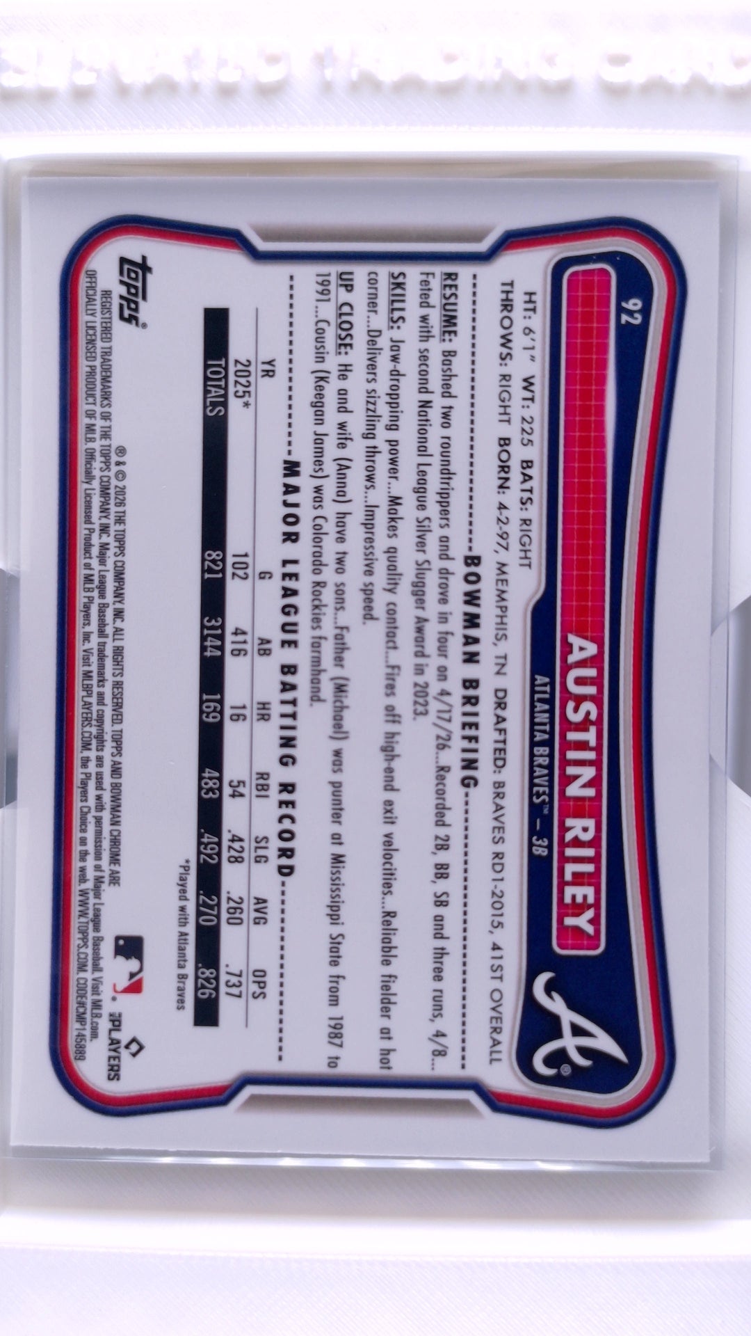 #92 Austin Riley - back