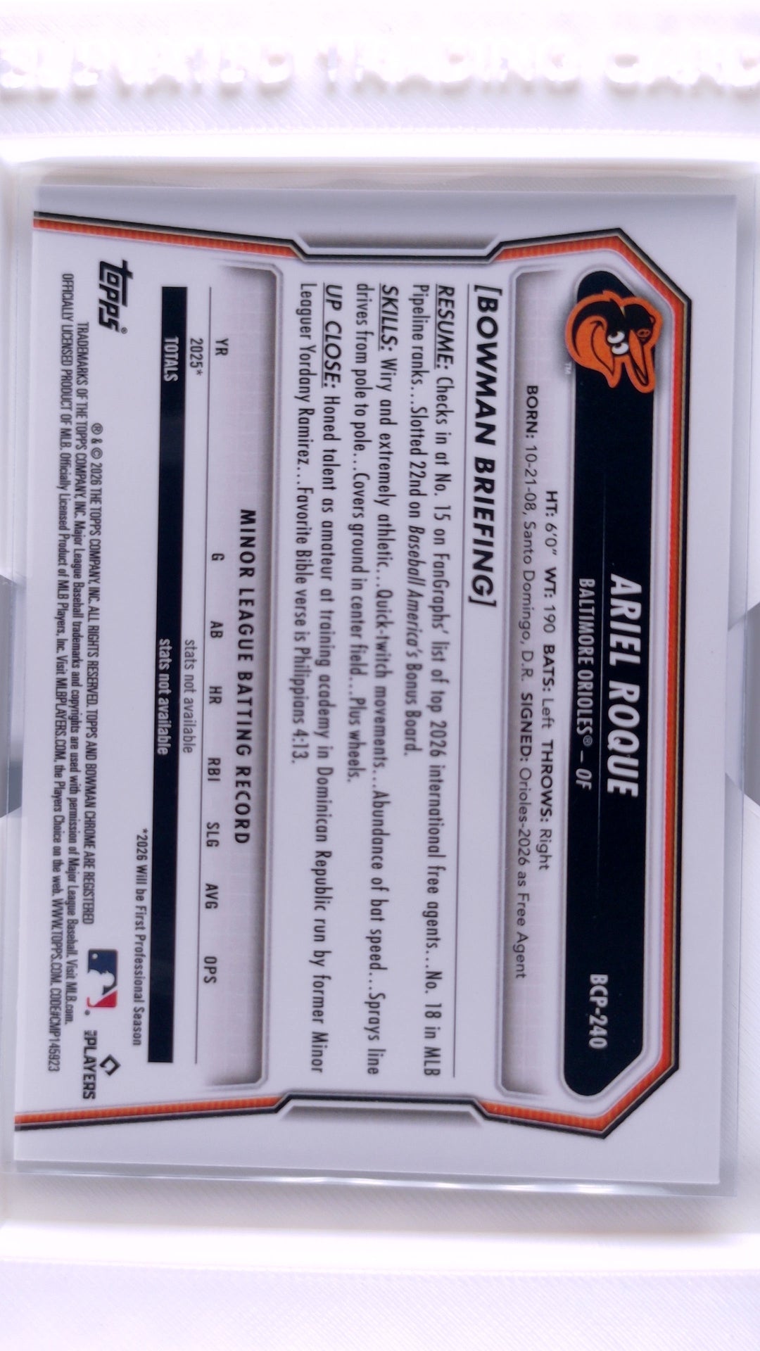 #BCP-240 Ariel Roque Bowman Chrome Prospects - back