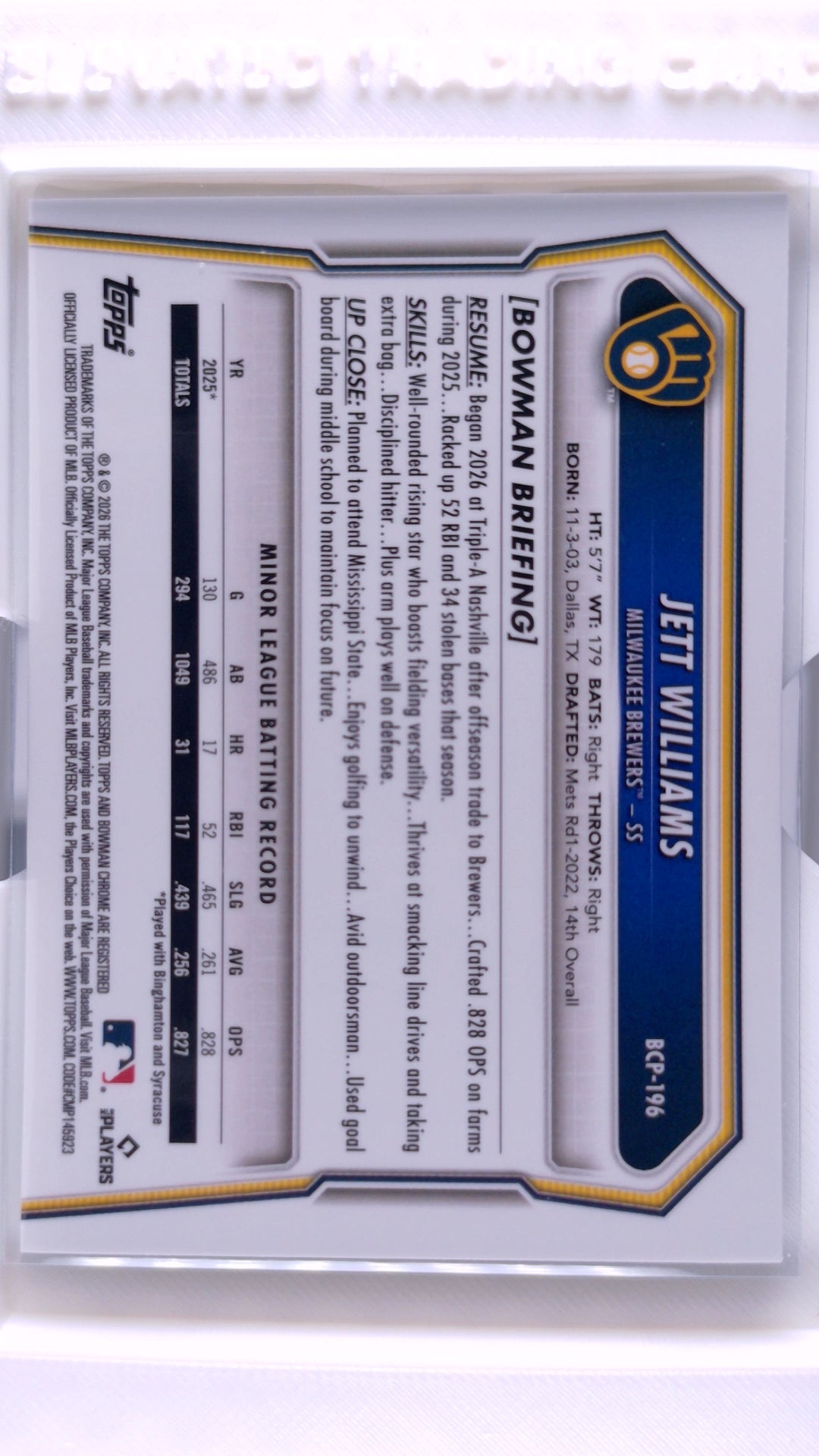 #BCP-196 Jett Williams Bowman Chrome Prospects - back