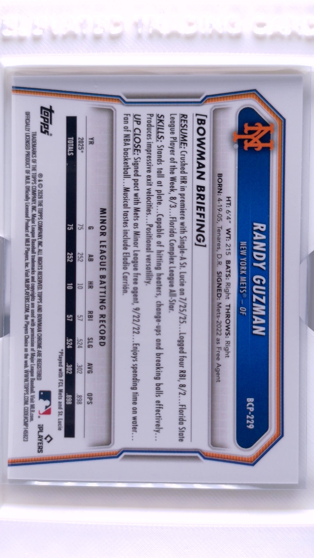 #BCP-229 Randy Guzman Bowman Chrome Prospects - back
