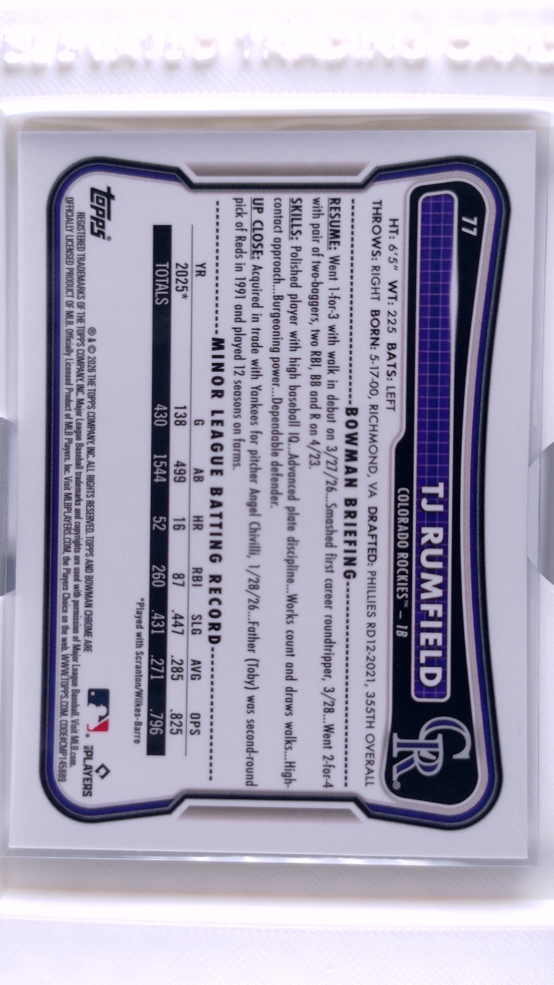 #77 TJ Rumfield Rookie - back