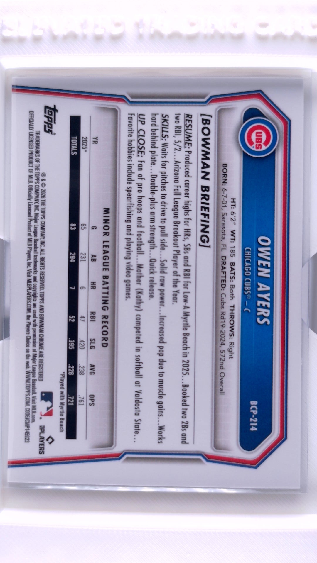 #BCP-214 Owen Ayers Bowman Chrome Prospects - back