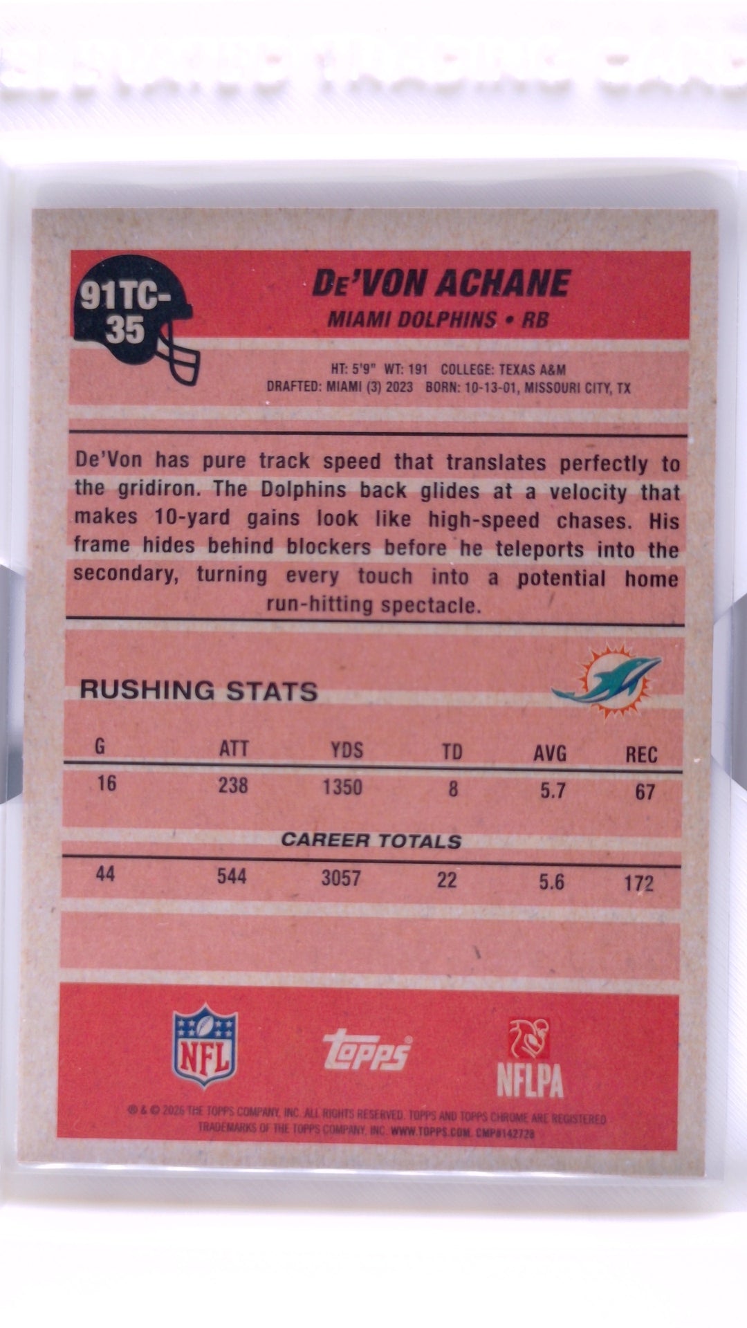 #91TC-35 De'Von Achane 1991 Topps Football Chrome - back