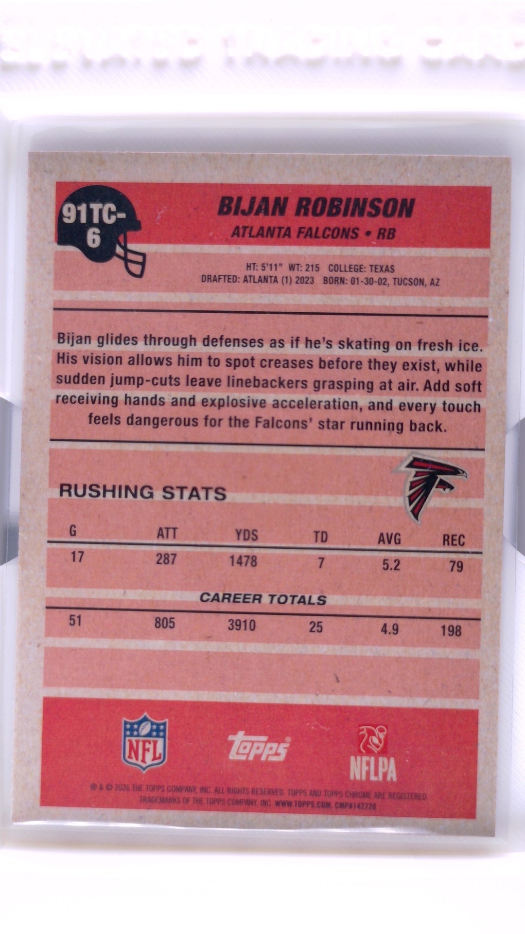 #91TC-6 Bijan Robinson 1991 Topps Football Chrome - back