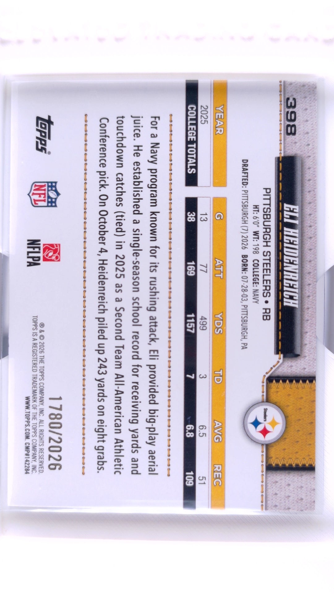 #398 Eli Heidenreich Rookie Gold #1780/2026 - back