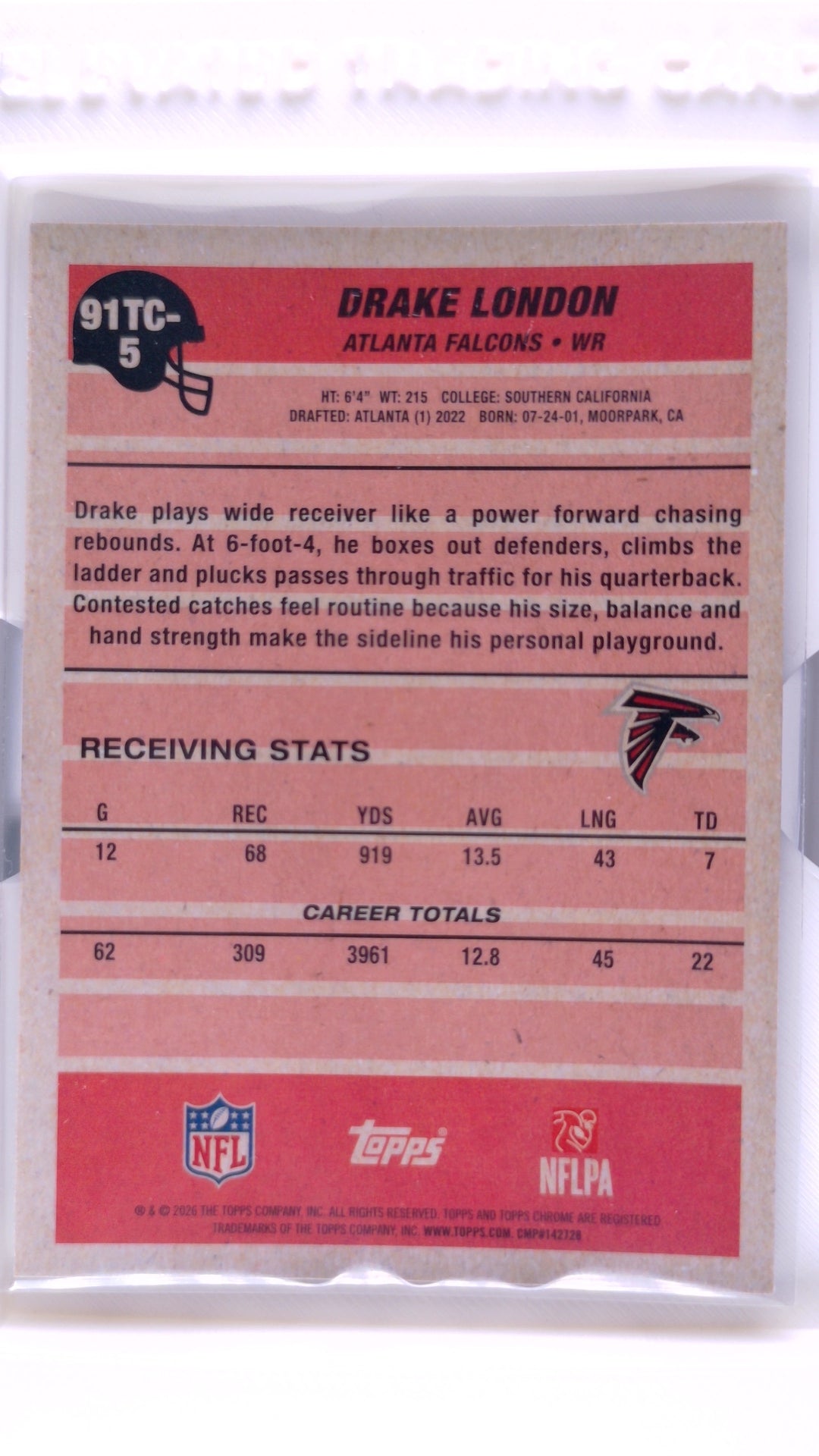 #91TC-5 Drake London 1991 Topps Football Chrome - back