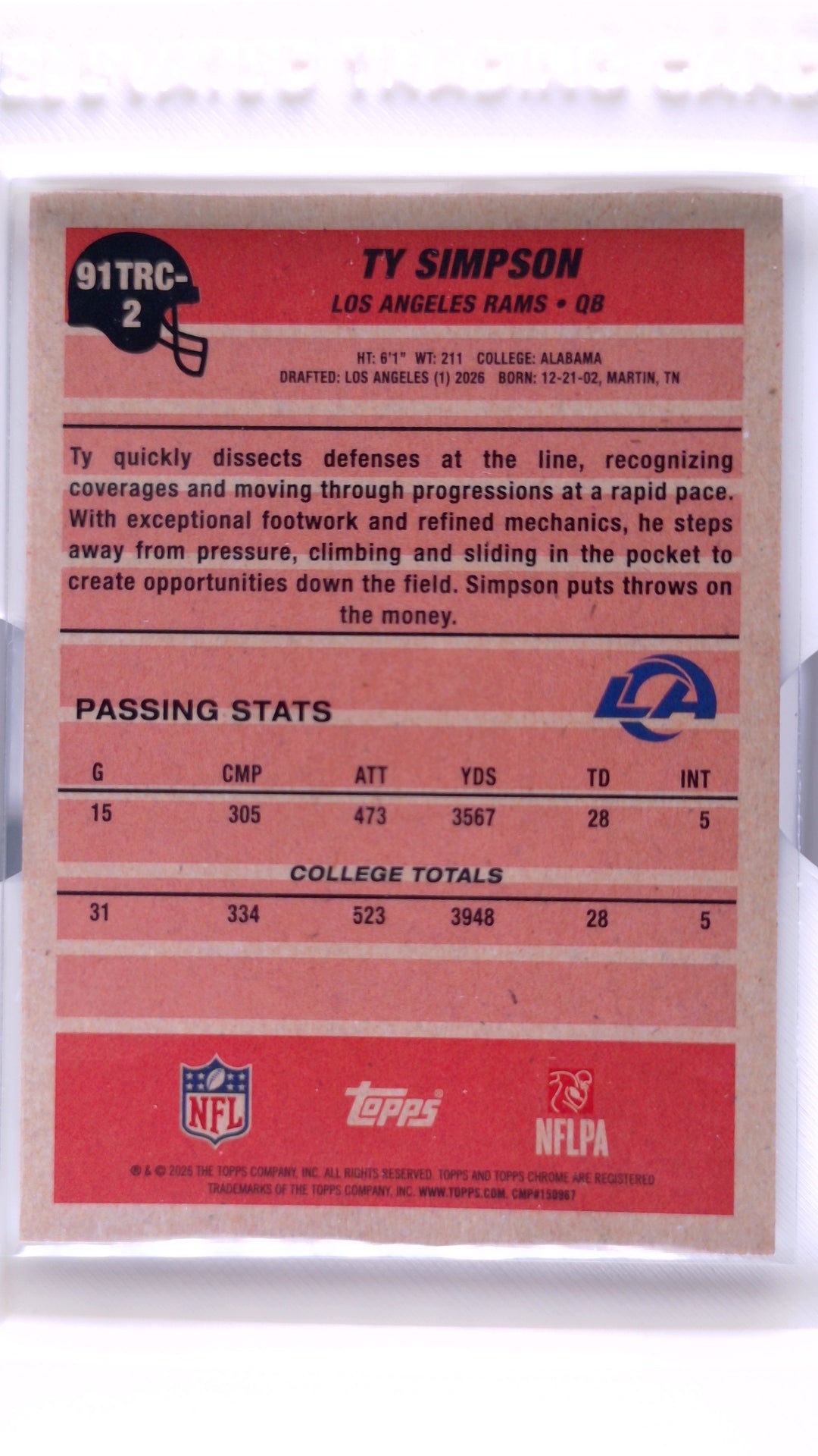 #91TRC-2 Ty Simpson Rookie 1991 Topps Rookies Football Chrome - back