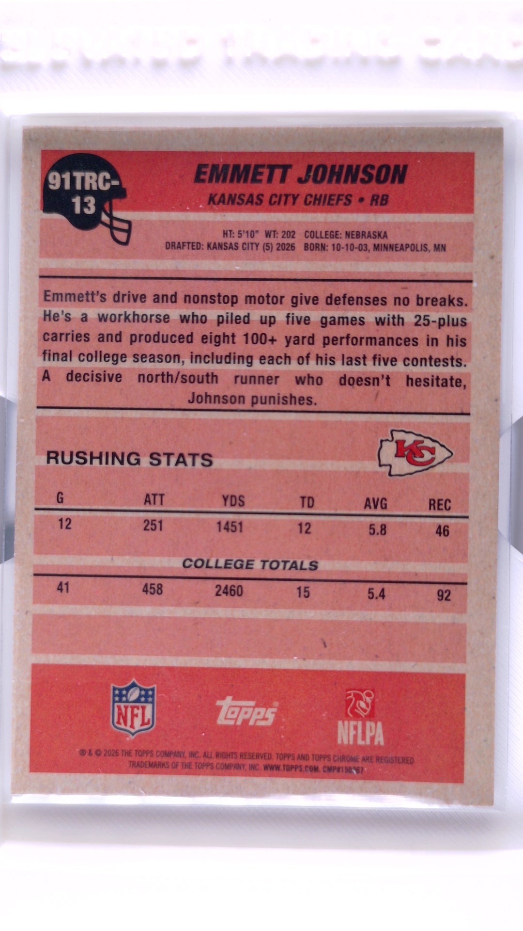 #91TRC-13 Emmett Johnson Rookie 1991 Topps Rookies Football Chrome - back