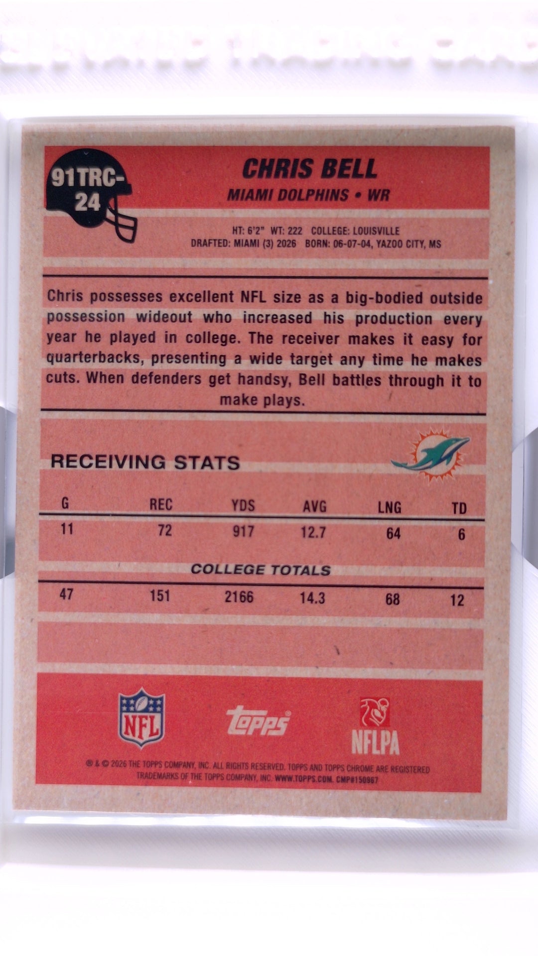 #91TRC-24 Chris Bell Rookie 1991 Topps Rookies Football Chrome - back