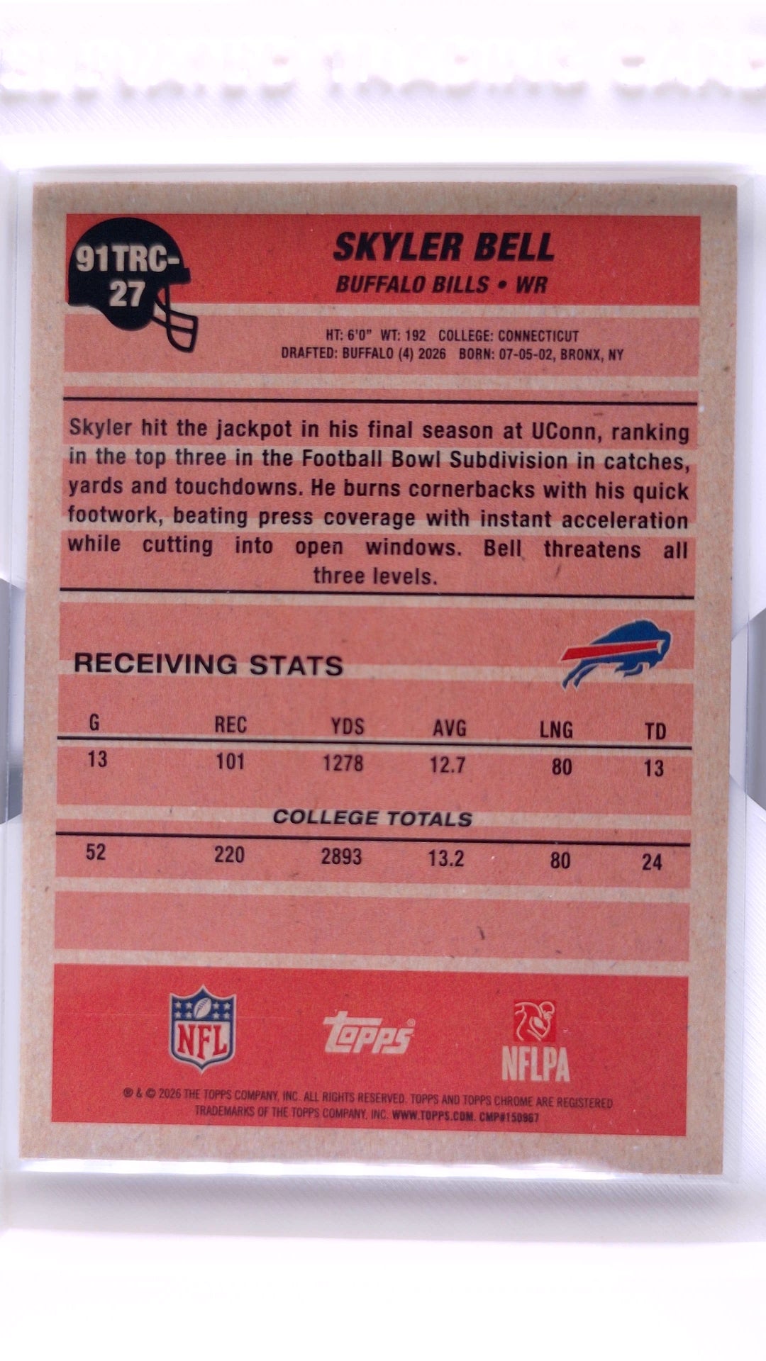 #91TRC-27 Skyler Bell Rookie 1991 Topps Rookies Football Chrome - back