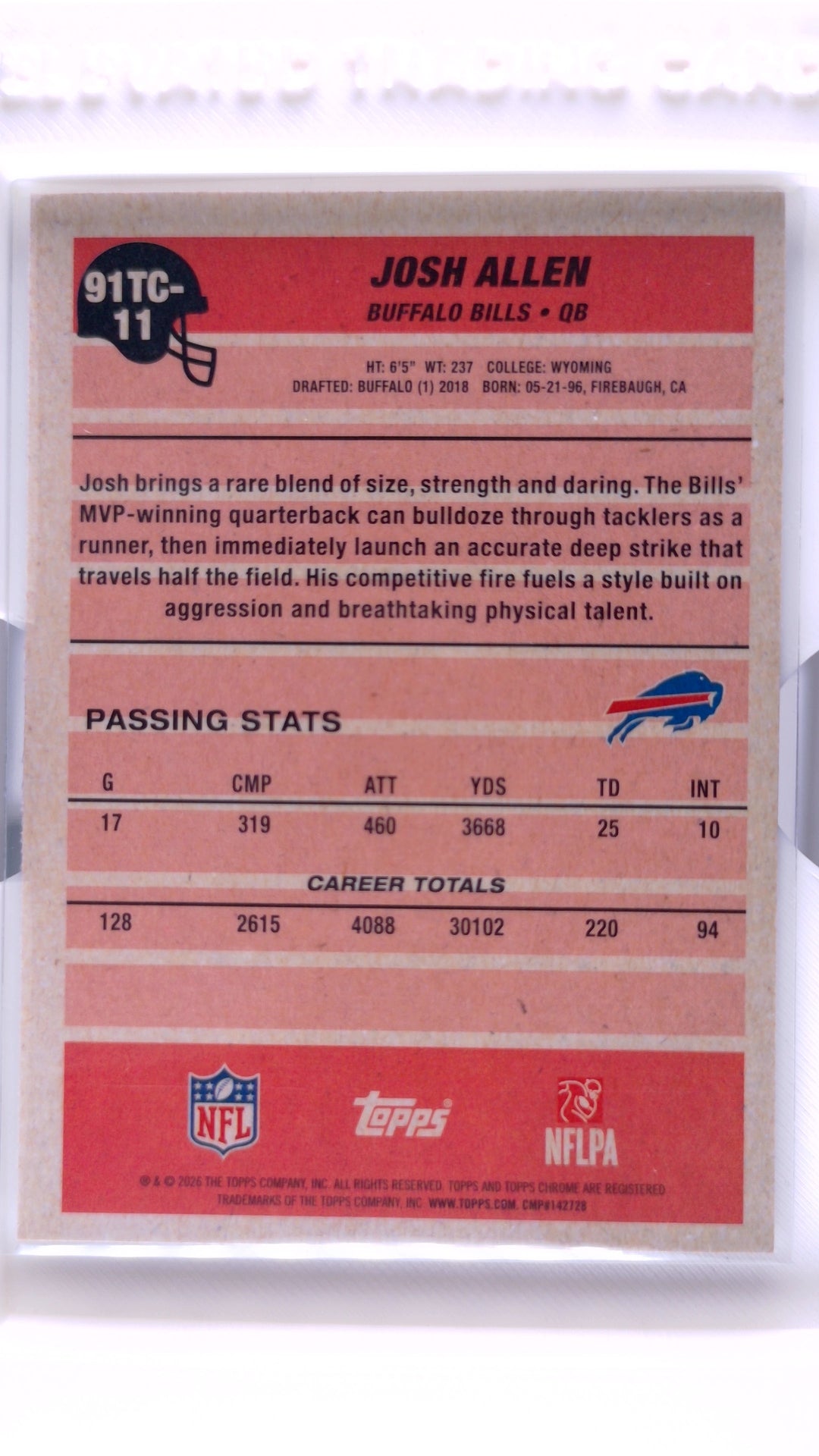 #91TC-11 Josh Allen 1991 Topps Football Chrome - back