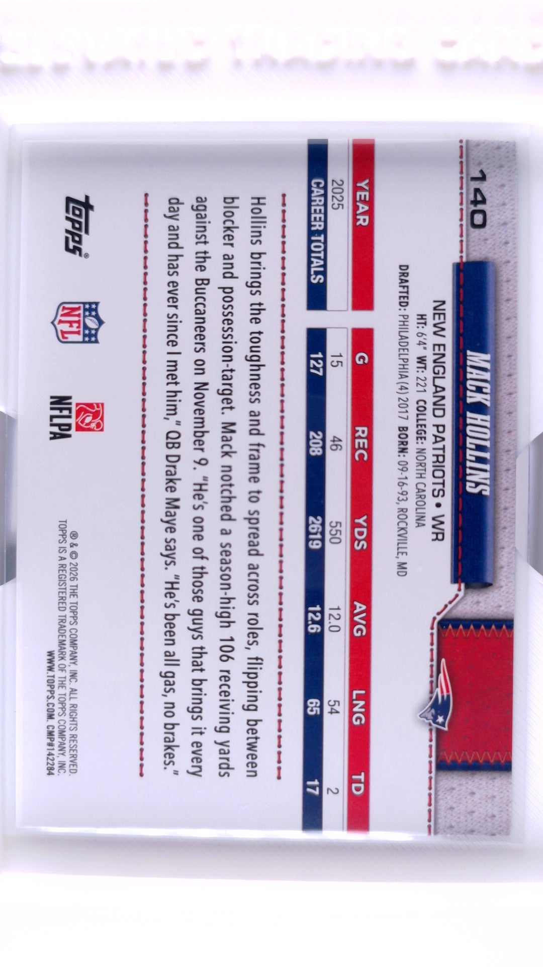 #140 Mack Hollins Holo Foil - back