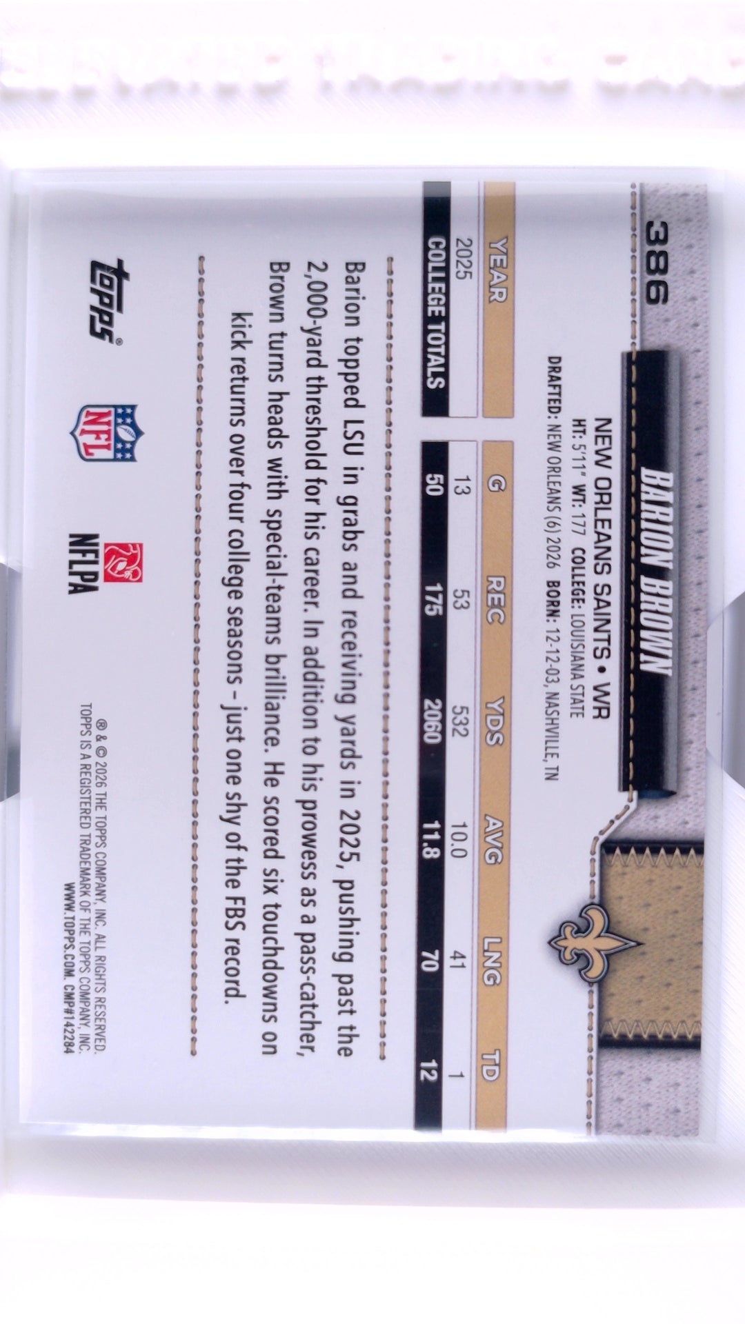#386 Barion Brown Rookie Holo Foil - back