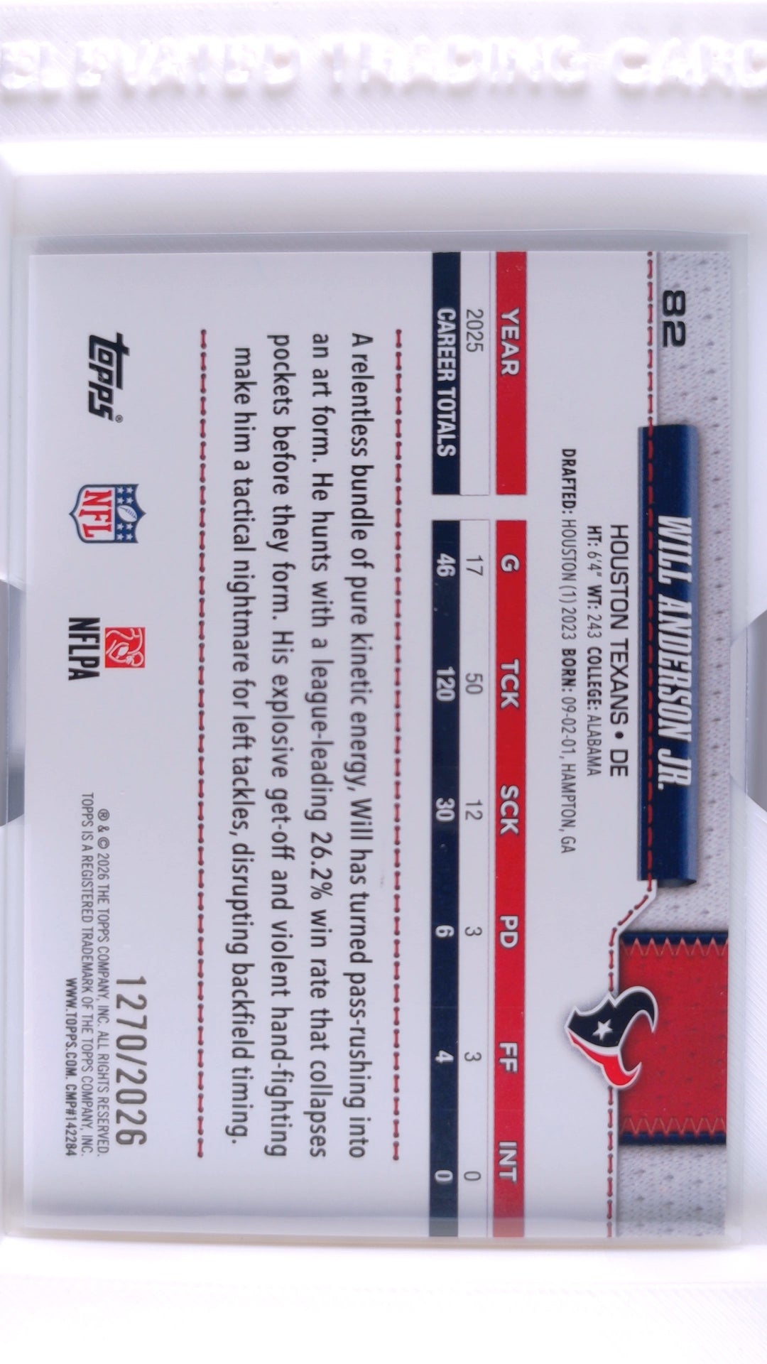 #82 Will Anderson Jr. Gold #1270/2026 - back