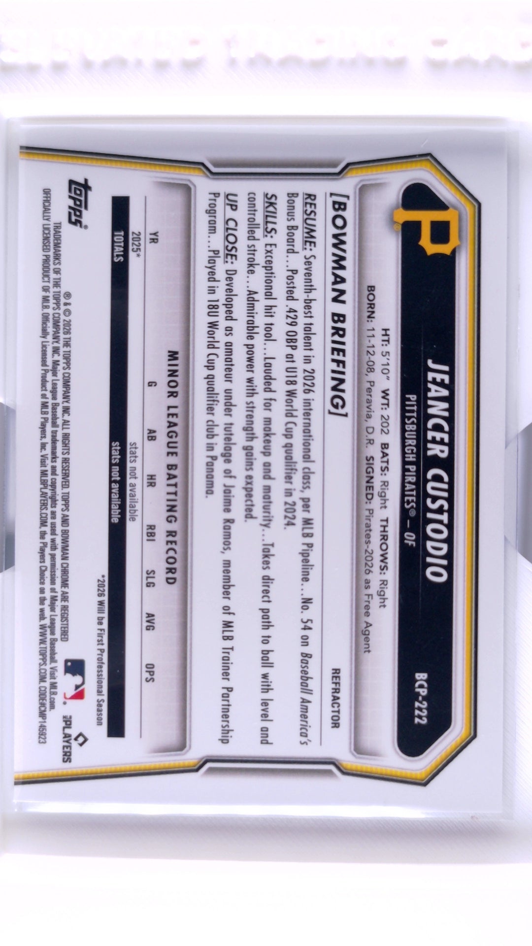 #BCP-222 Jeancer Custodio Bowman Chrome Prospects Refractor #233/499 - back