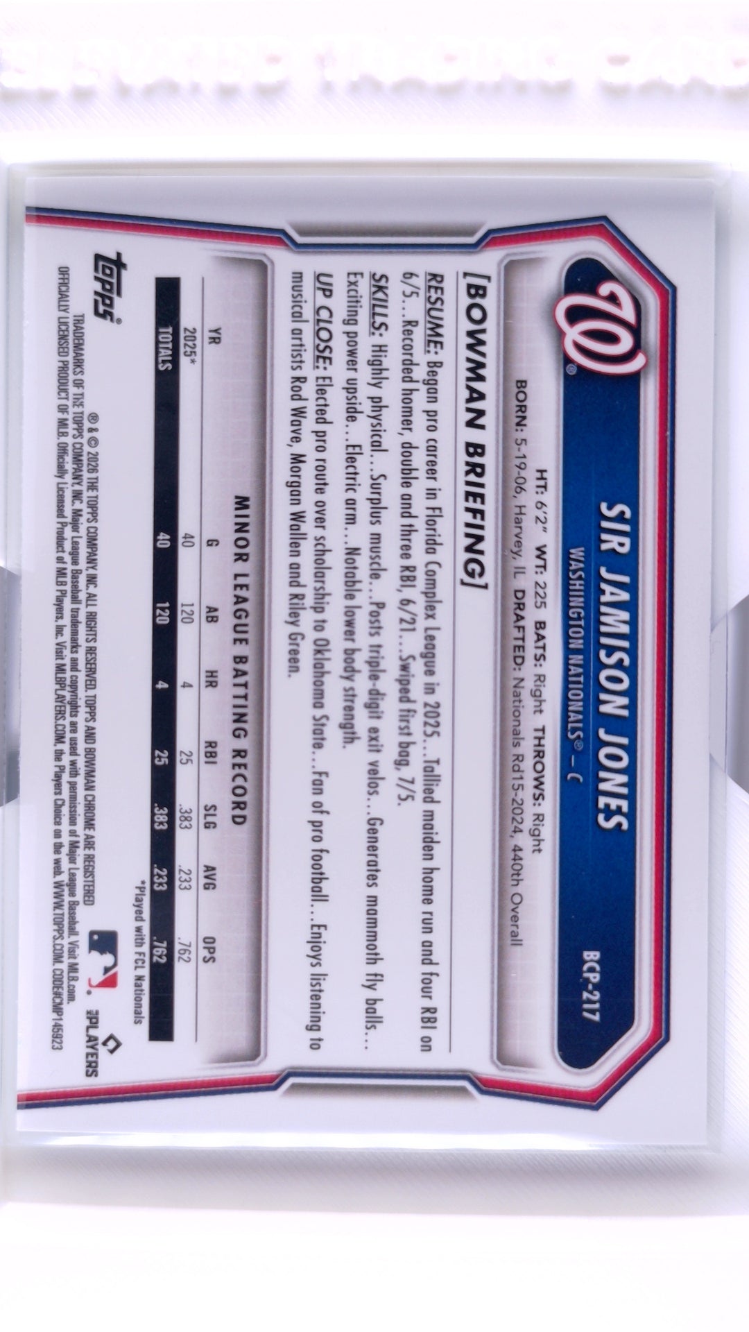 #BCP-217 Sir Jamison Jones Bowman Chrome Prospects Green Wave Refractor #35/99 - back
