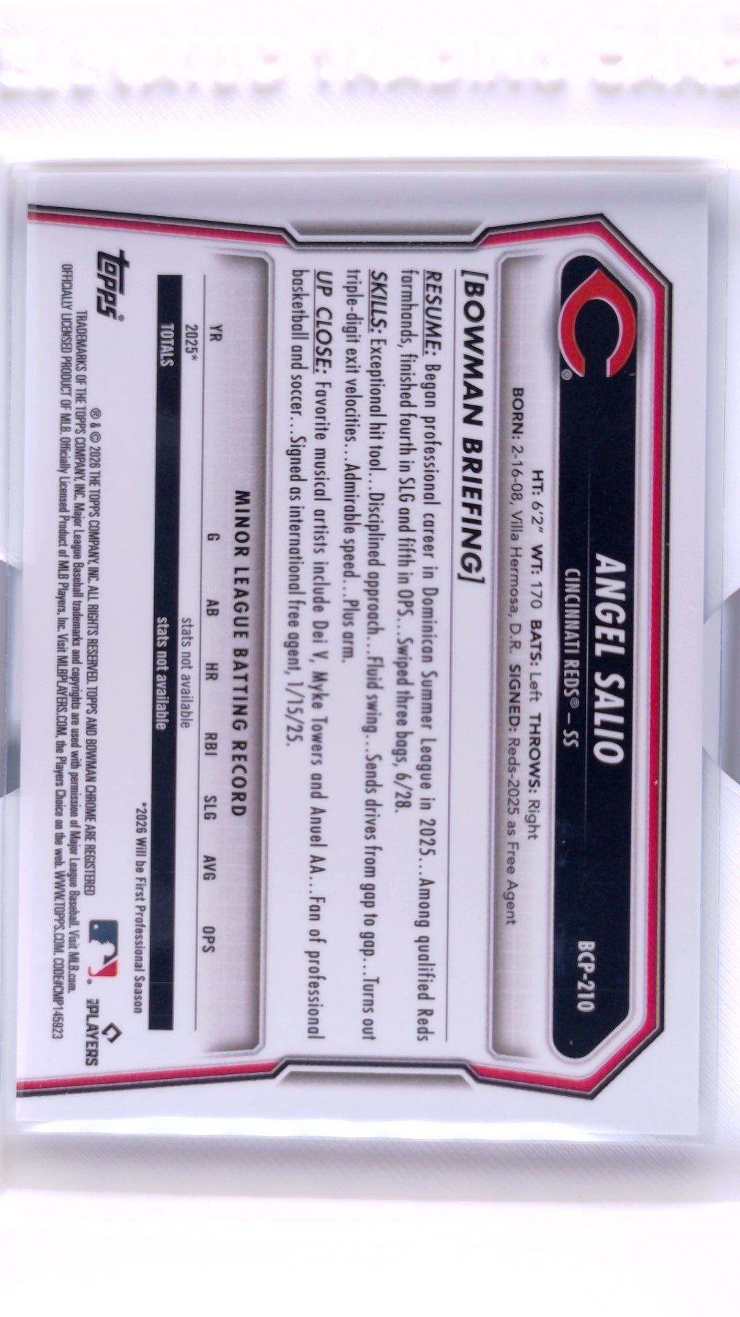 #BCP-210 Angel Salio Bowman Chrome Prospects Reptilian Blue Refractor #95/150 - back