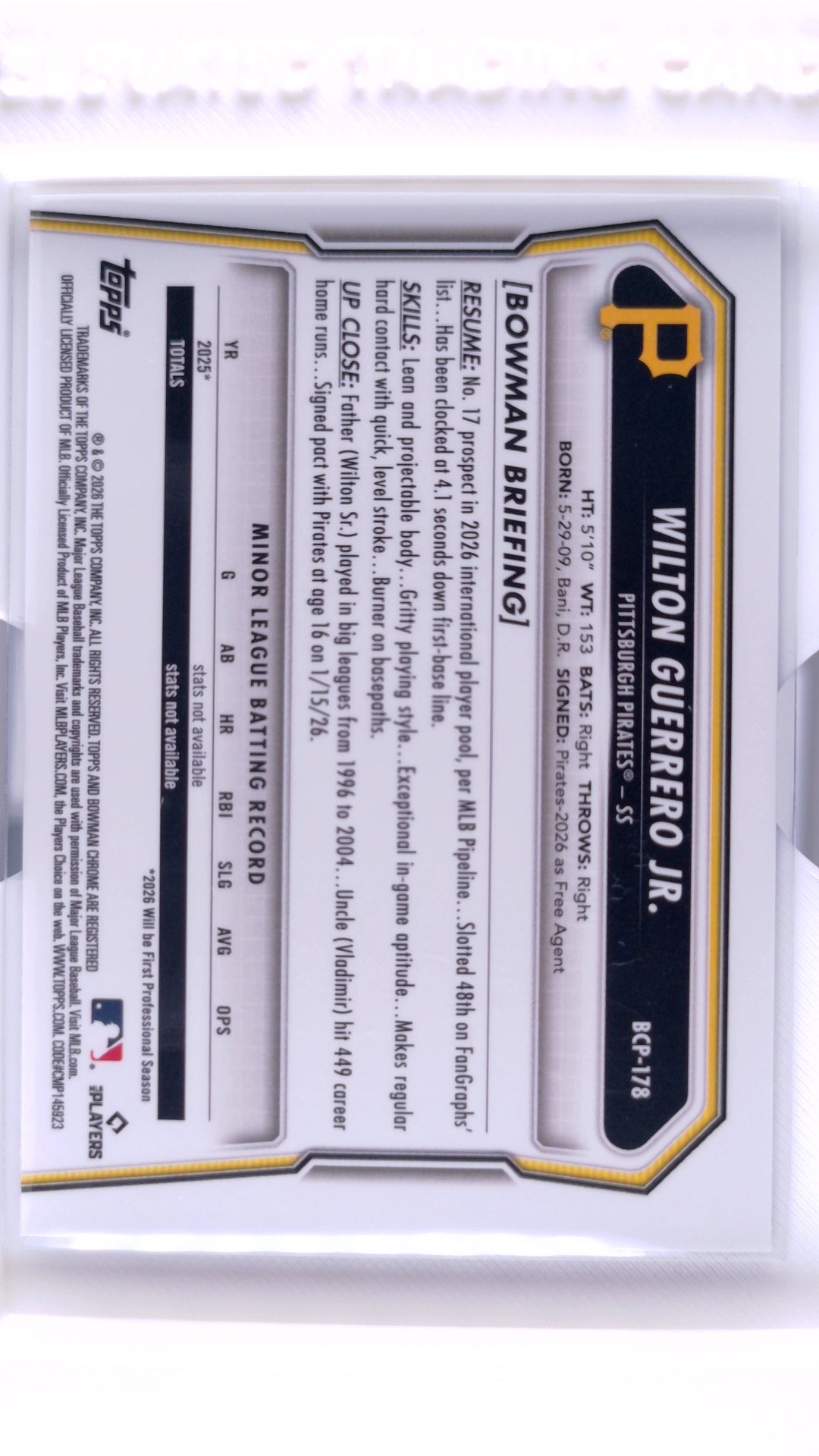 #BCP-178 Wilton Guerrero Jr. Bowman Chrome Prospects Purple Pulsar Refractor #122/250 - back