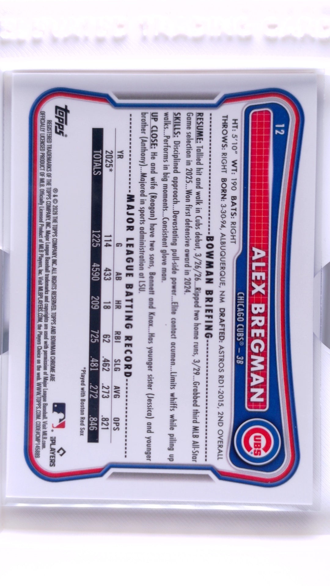 #12 Alex Bregman Fuchsia Wave Refractor #290/299 - back