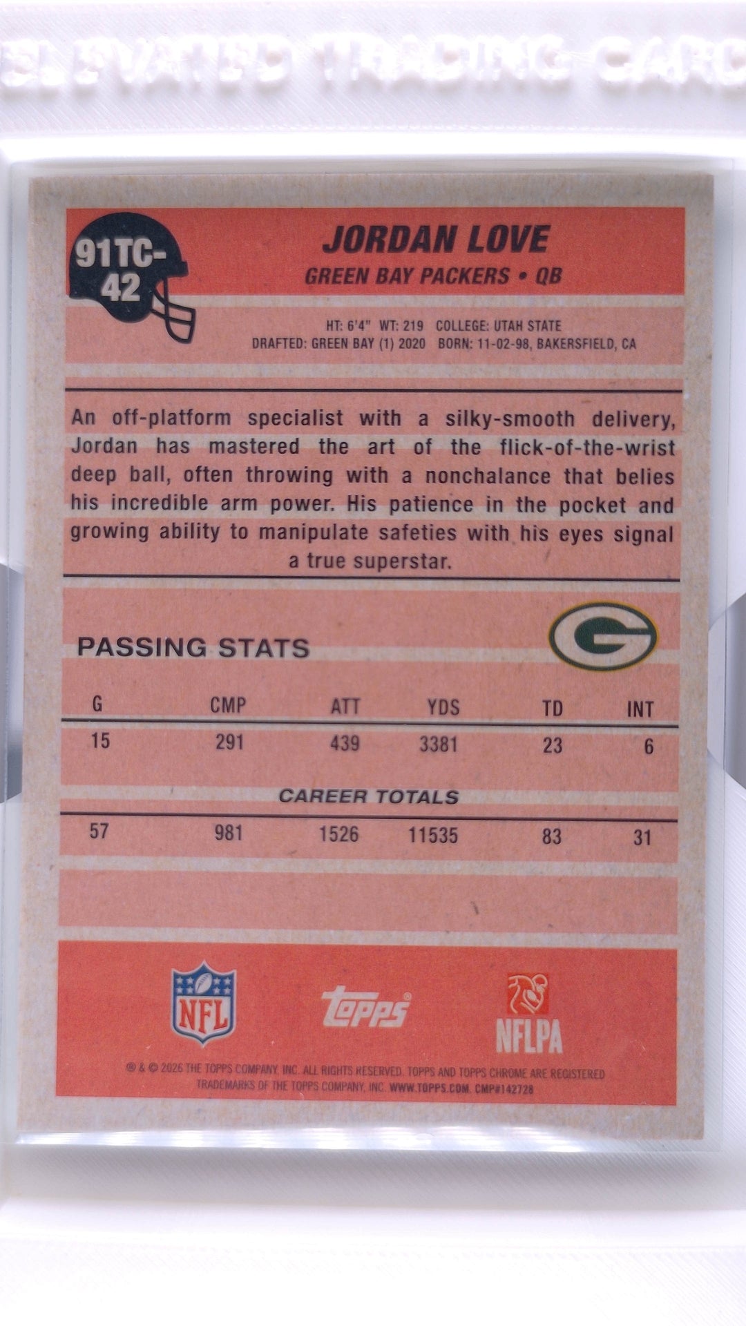 #91TC-42 Jordan Love 1991 Topps Football Chrome Silver Pack Base Green Refractor #80/99 - back