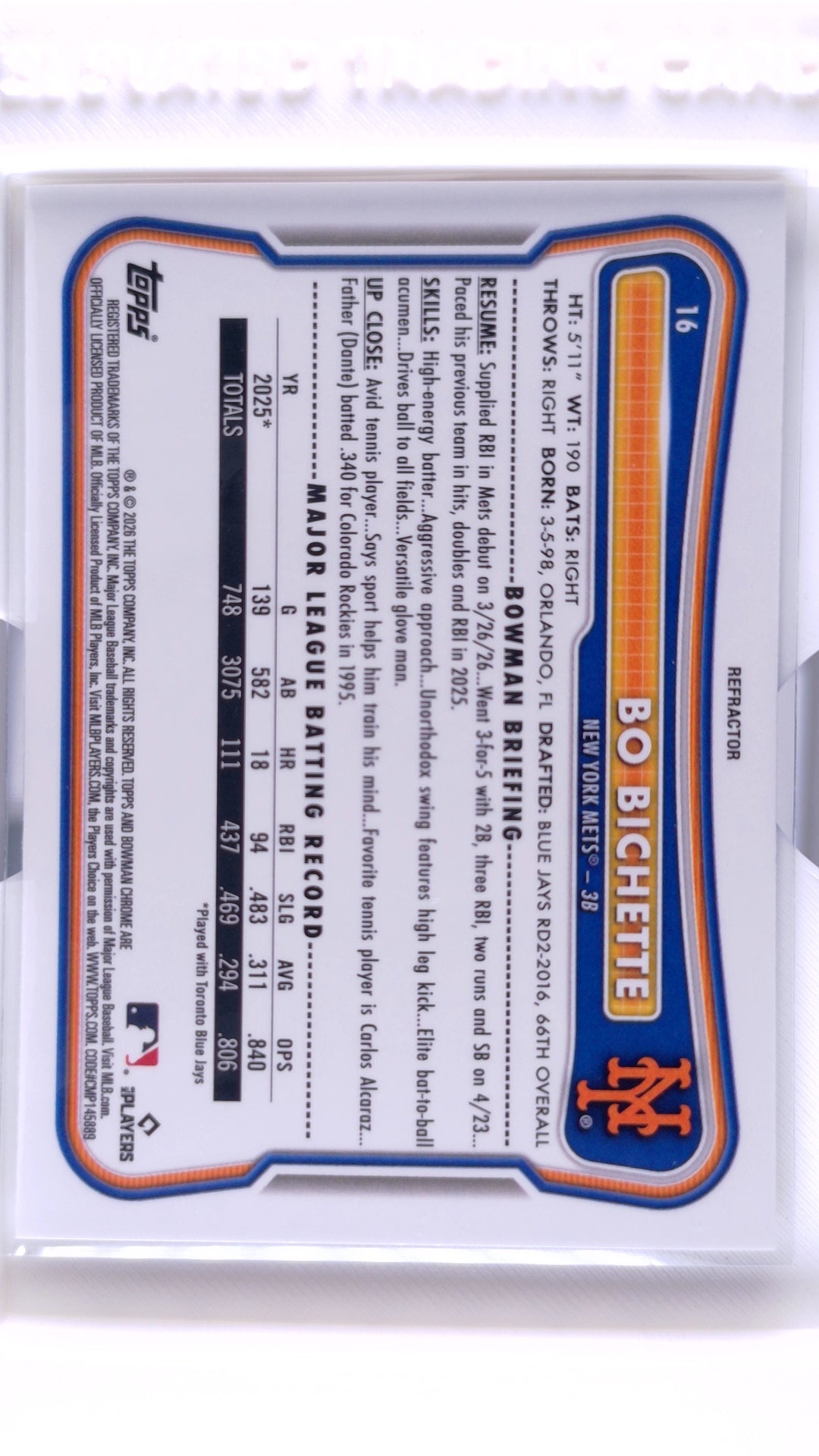 #16 Bo Bichette Refractor #39/499 - back