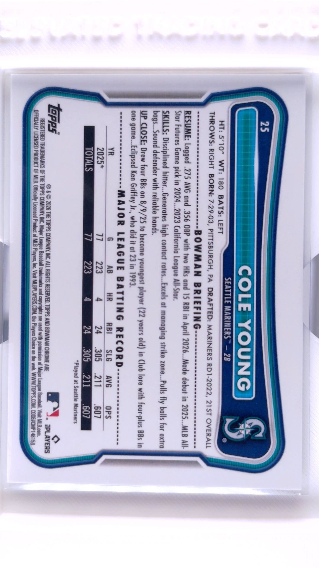 #25 Cole Young Rookie - back