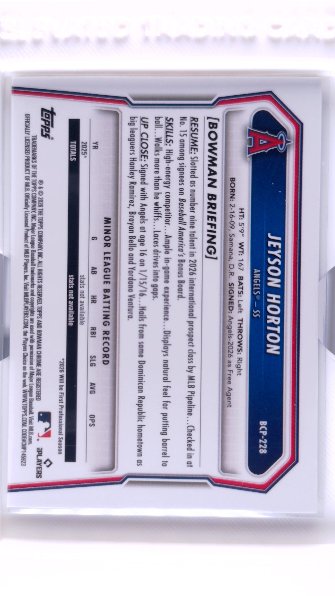 #BCP-228 Jeyson Horton Bowman Chrome Prospects Shimmer Refractor - back