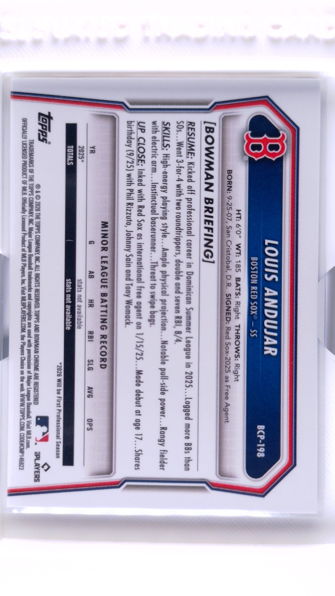#BCP-198 Louis Andujar Bowman Chrome Prospects X Fractor - back