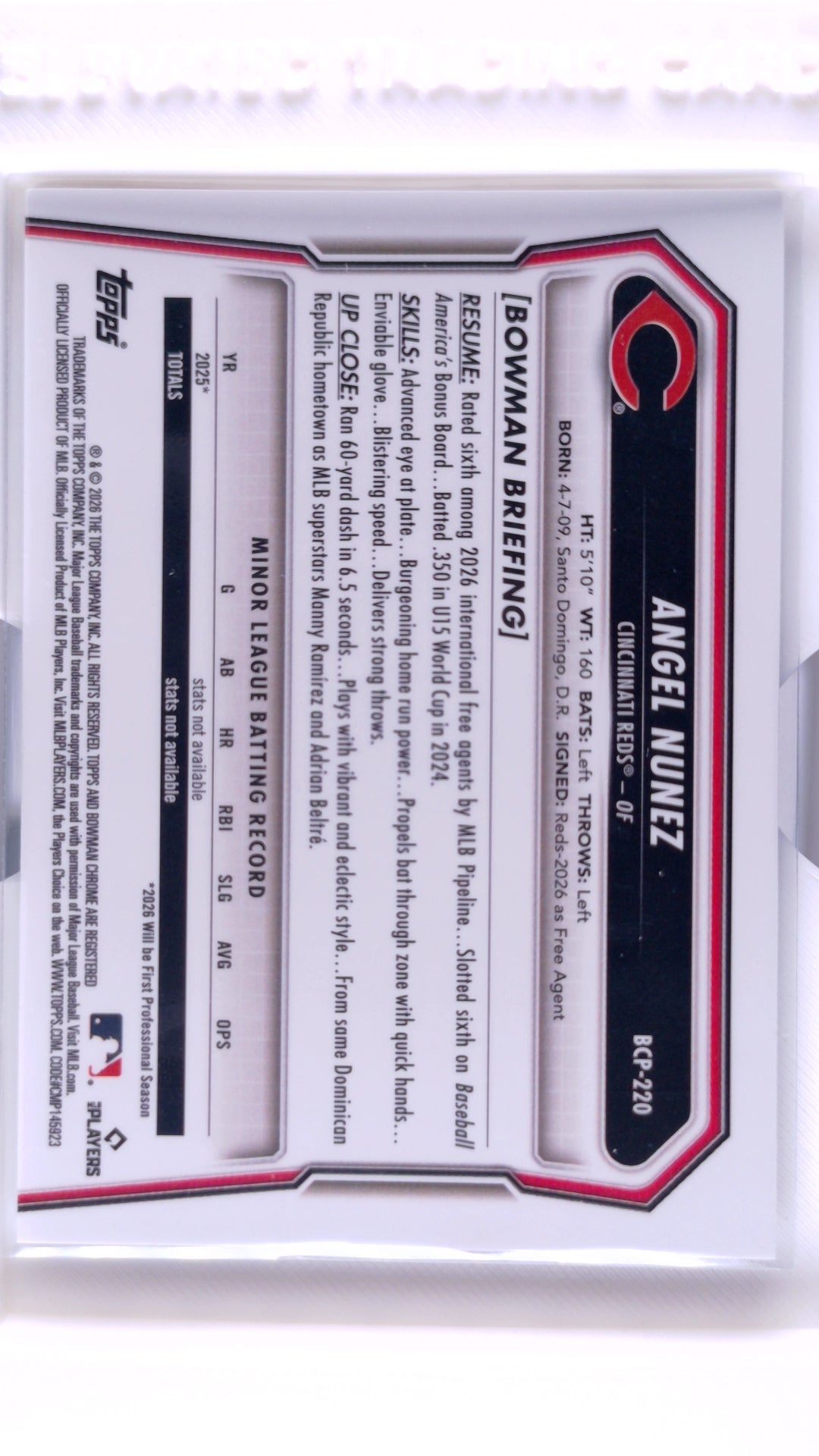 #BCP-220 Angel Nunez Bowman Chrome Prospects X Fractor - back